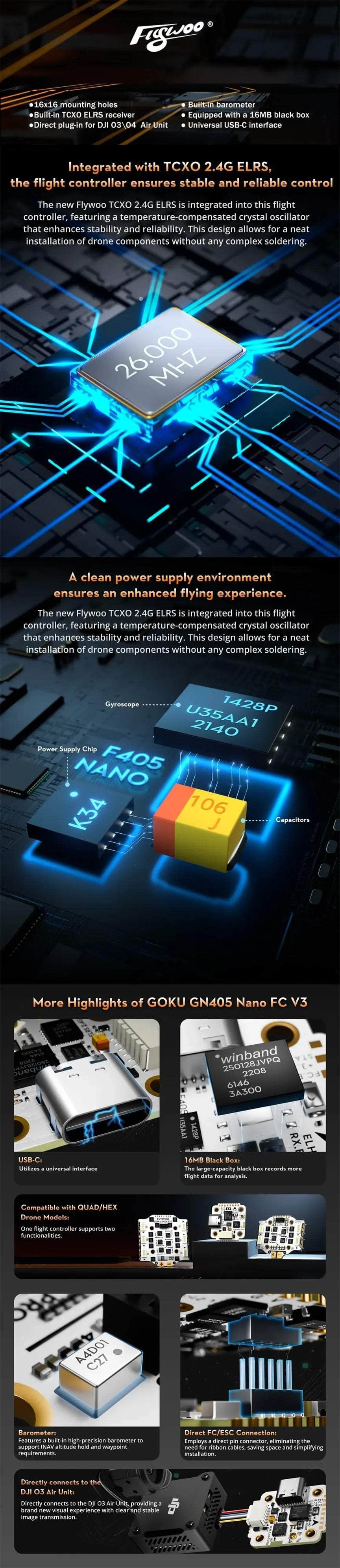 Flywoo GOKU GN405 Nano V3 F4 HD Flight Controller w/ ELRS 2.4GHz - 16x16