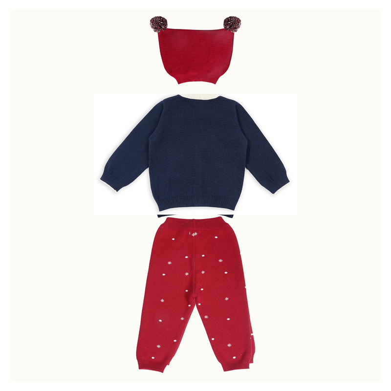 Cotton Jacquard Sweater, Lower & Cap Set | Penguine Printed | Navy Blue & Red | Set of 3、mySite、camillekostekn