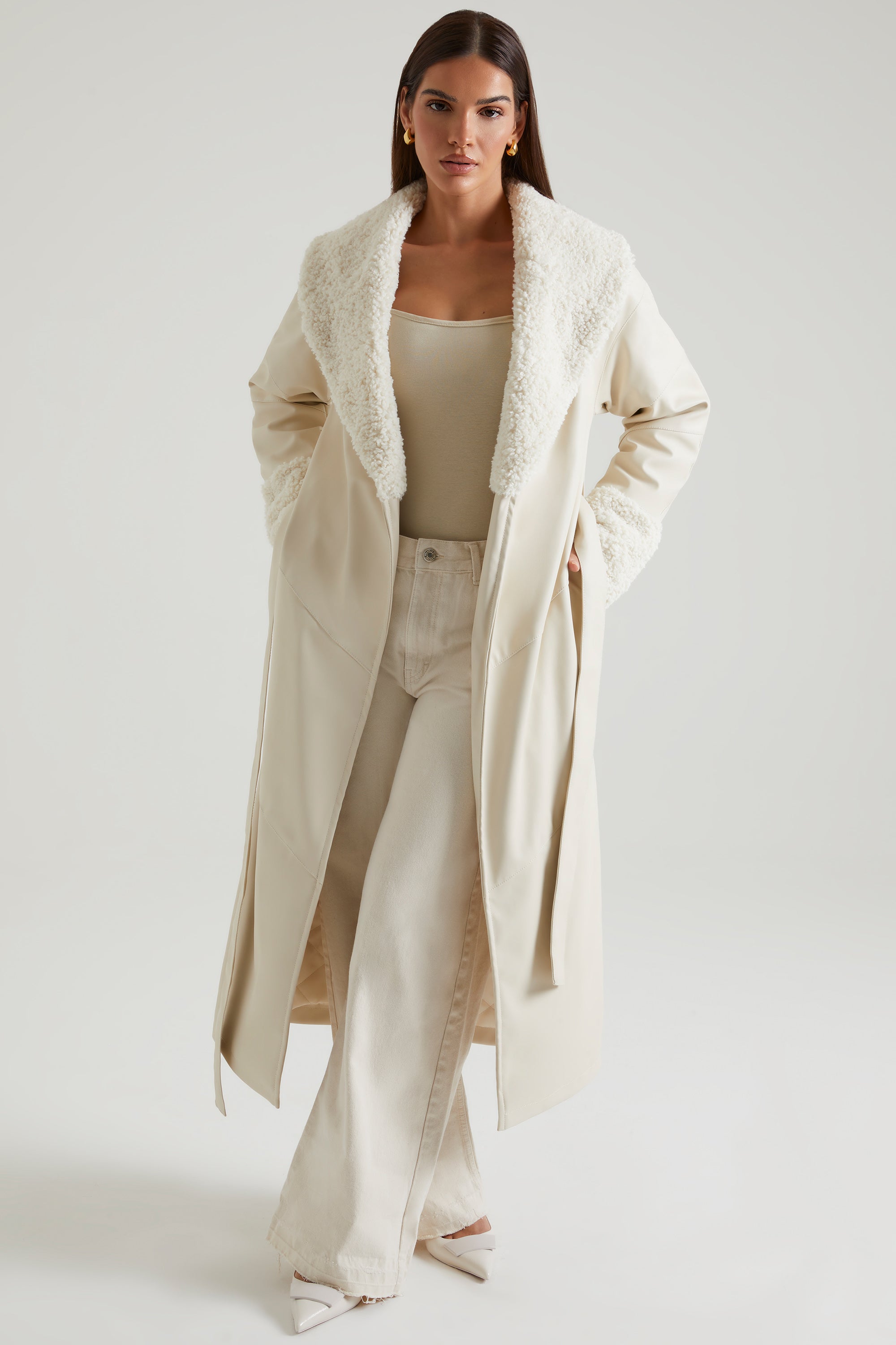 Tie Up Coat with Shearling Collar and Cuffs in Cream、mySite、solidvoid