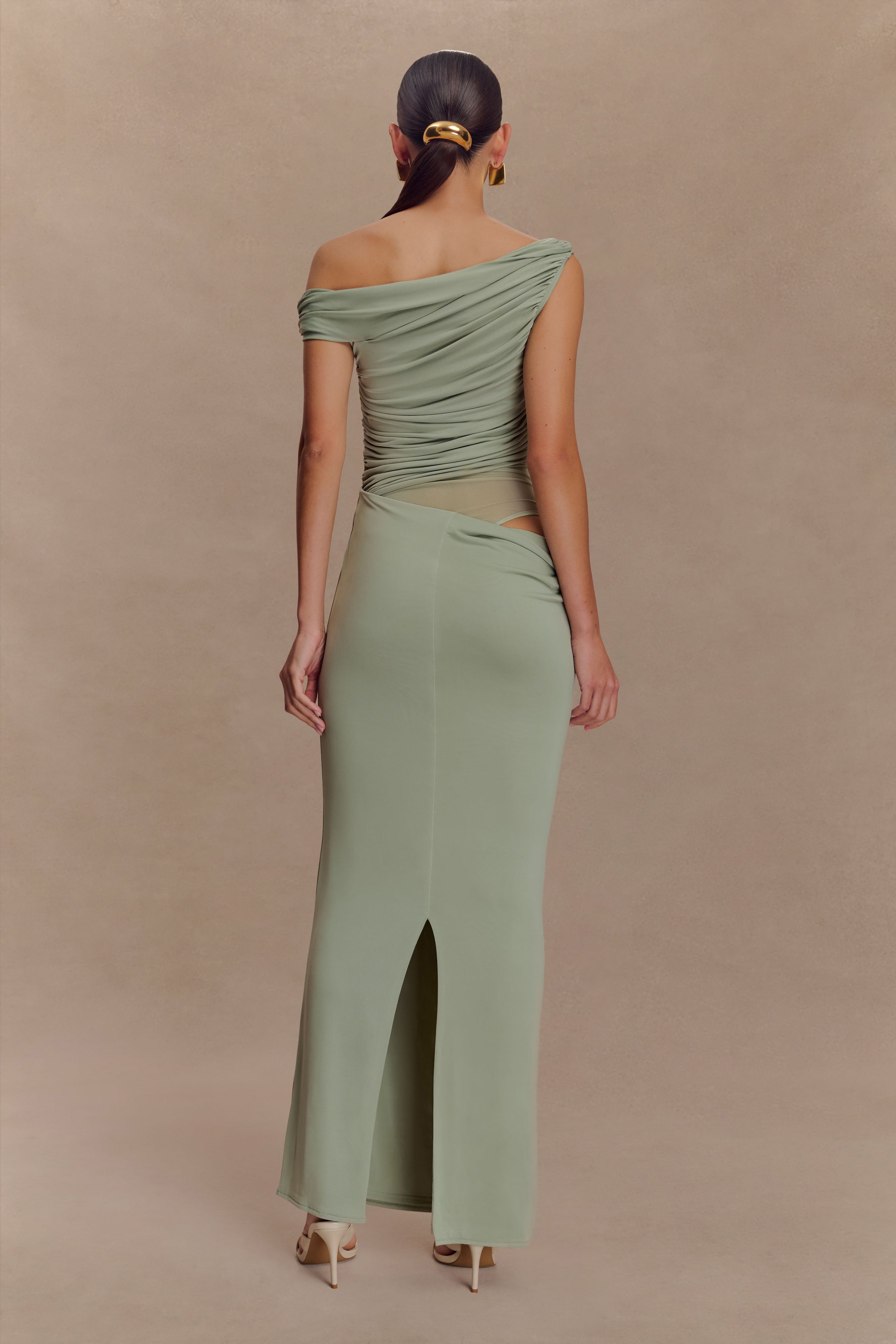 Callen One Shoulder Slinky Maxi Dress - Sage、mySite、solidvoid