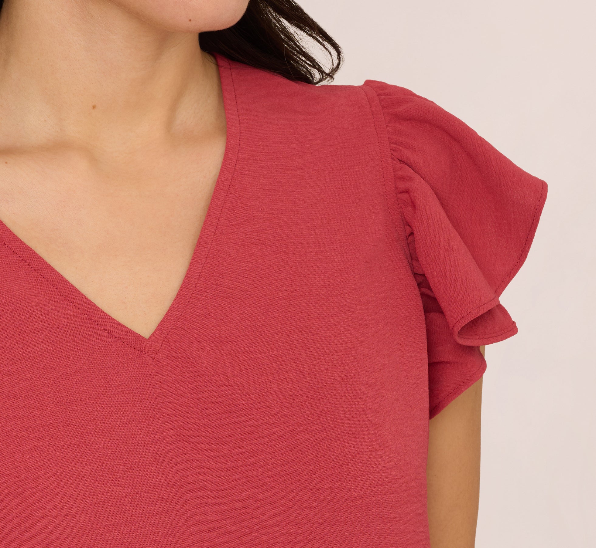 Ruffle Sleeve V Neck Satin Top In Rose、mySite、solidvoid