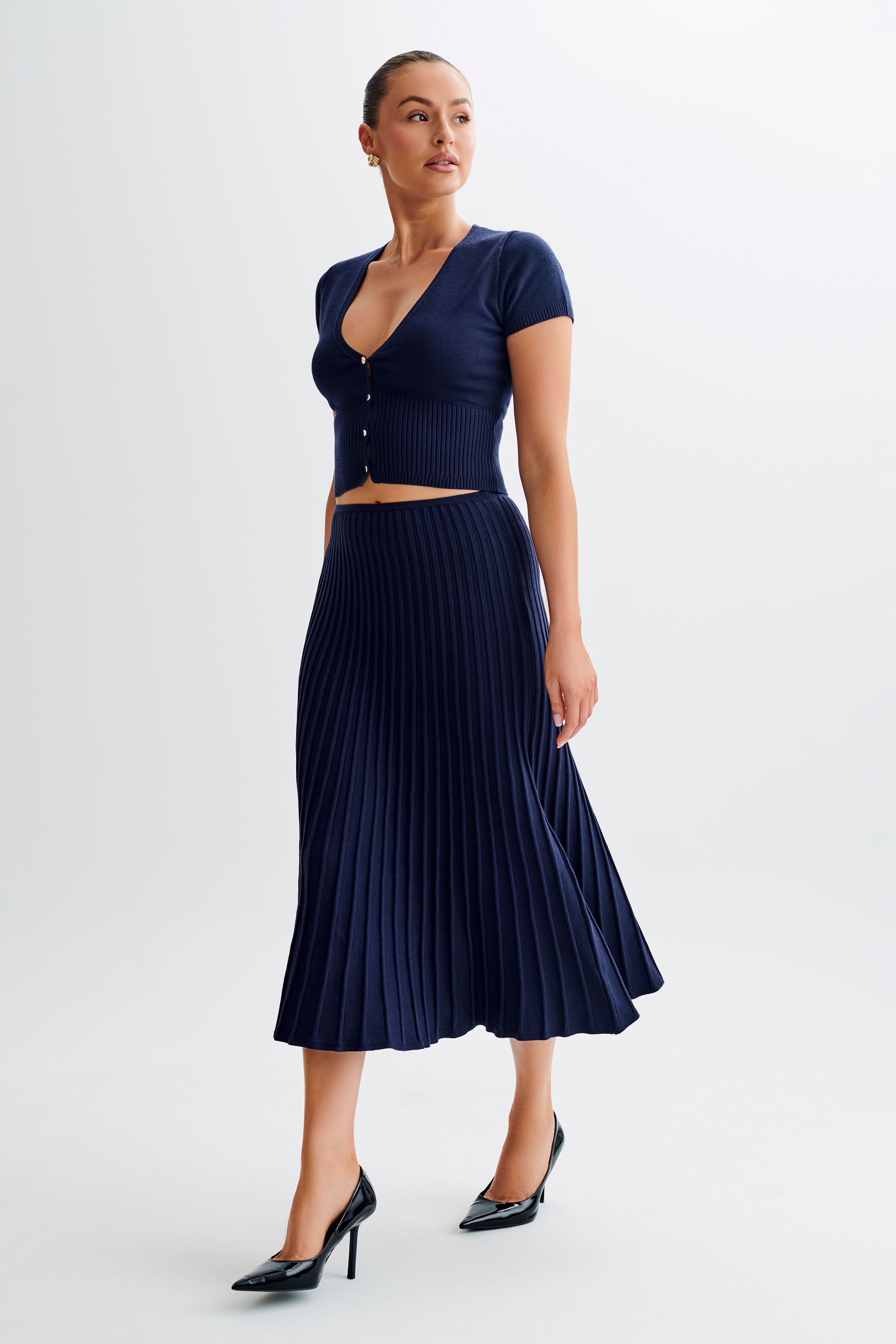 Jolene Rib Knit Midi Skirt - Navy、mySite、solidvoid