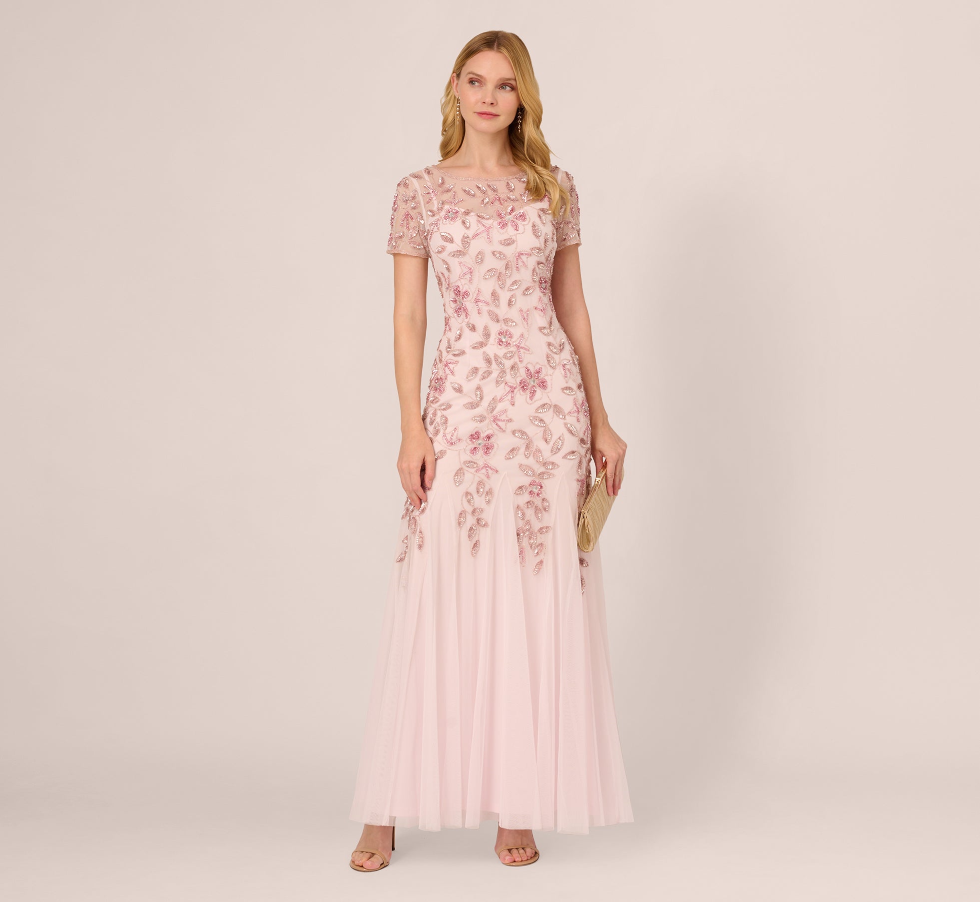 Hand Beaded Short Sleeve Floral Godet Gown In Blush Pink、mySite、solidvoid
