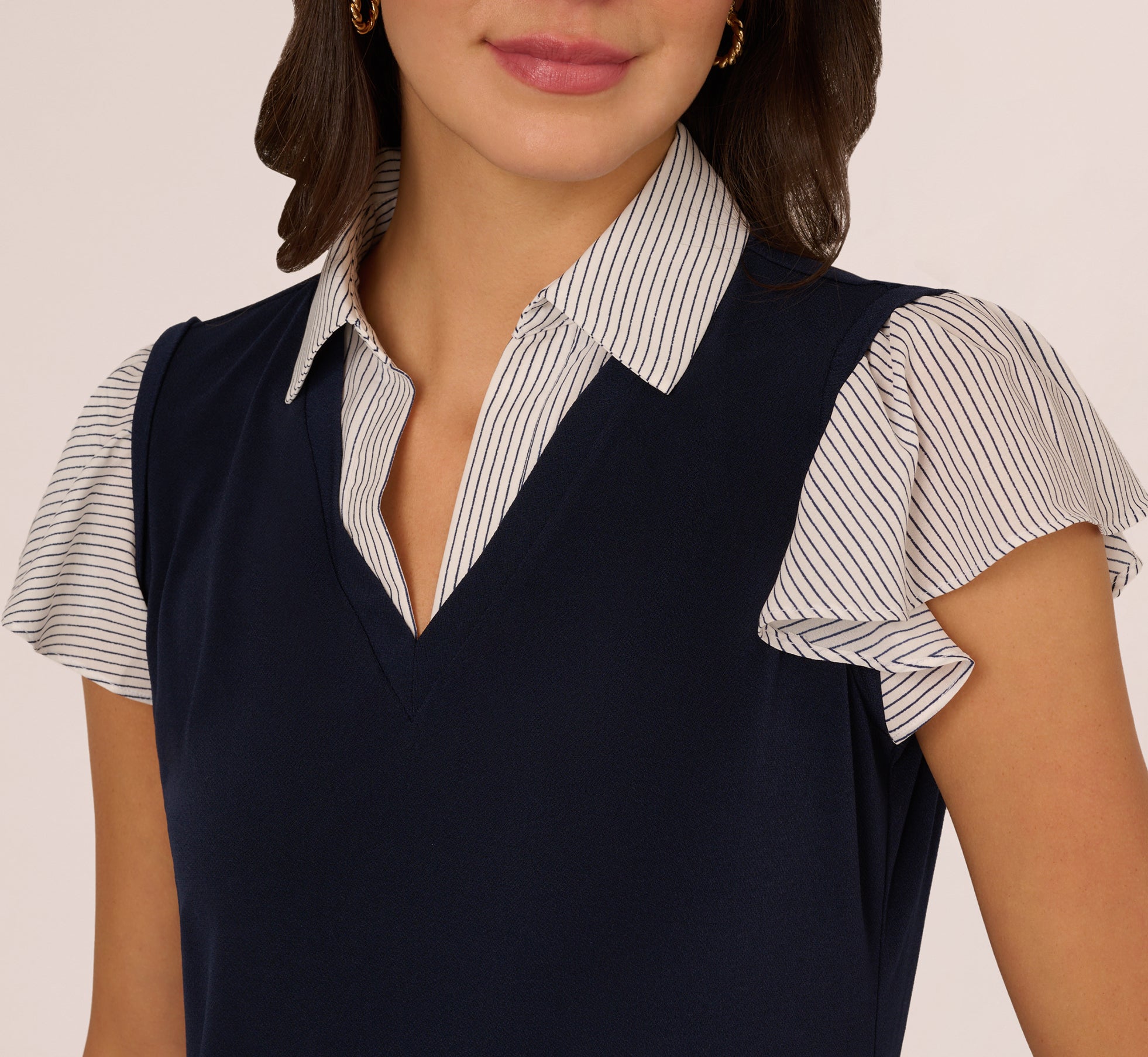 Striped Flutter Sleeve Twofer Sweater Vest Top In Navy W Crosshatch Stripe、mySite、solidvoid