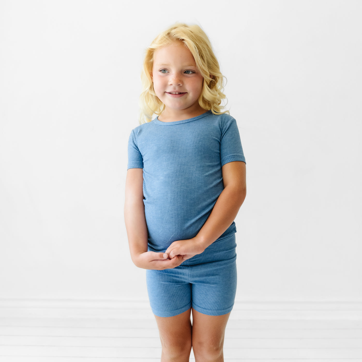 Heather Blue Ribbed Two-Piece Short Sleeve & Shorts Pajama Set、mySite、g9winljtr