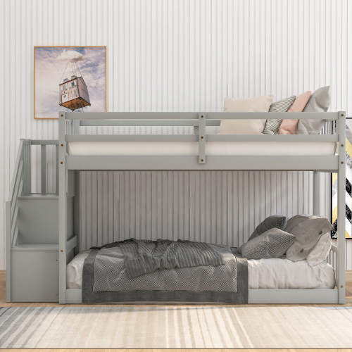 Twin over Twin Floor Bunk Bed, Ladder with Storage, Gray、、casual