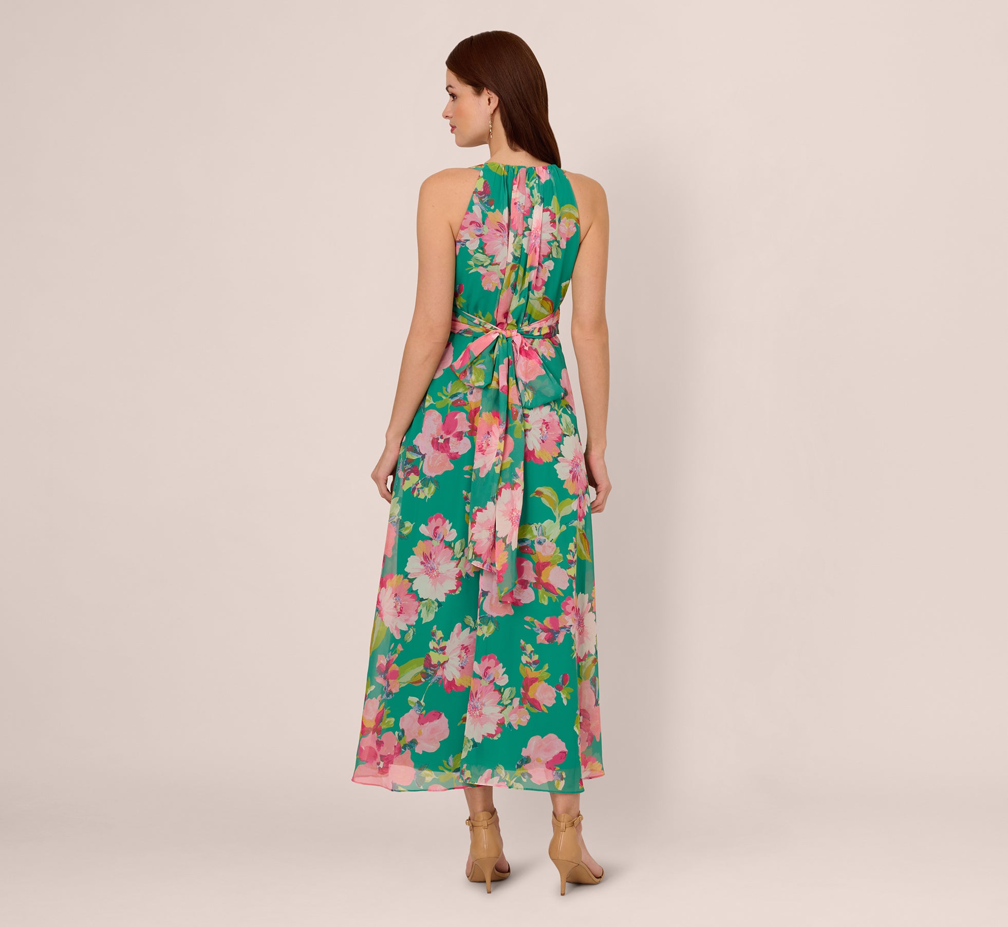 Floral Chiffon Halter Midi Dress In Green Multi、mySite、solidvoid