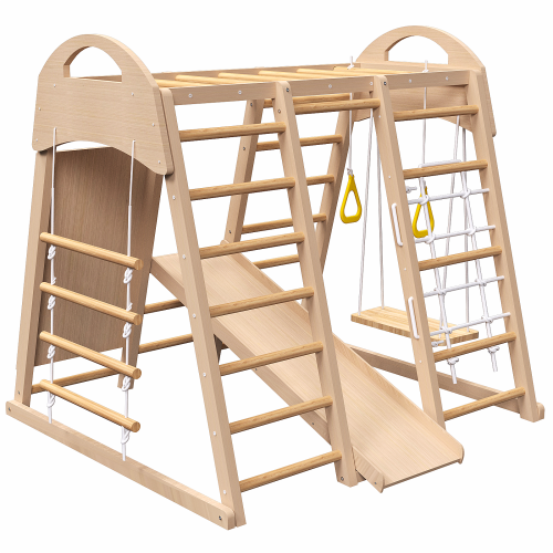 4-in-1 Juniper Indoor Play Gym - Jungle Gym Playset with Baby Swing, Slide, Ladder, and Climbing Wall - Foldable Wooden Playset - Indoor Jungle Gym for Kids、、casual