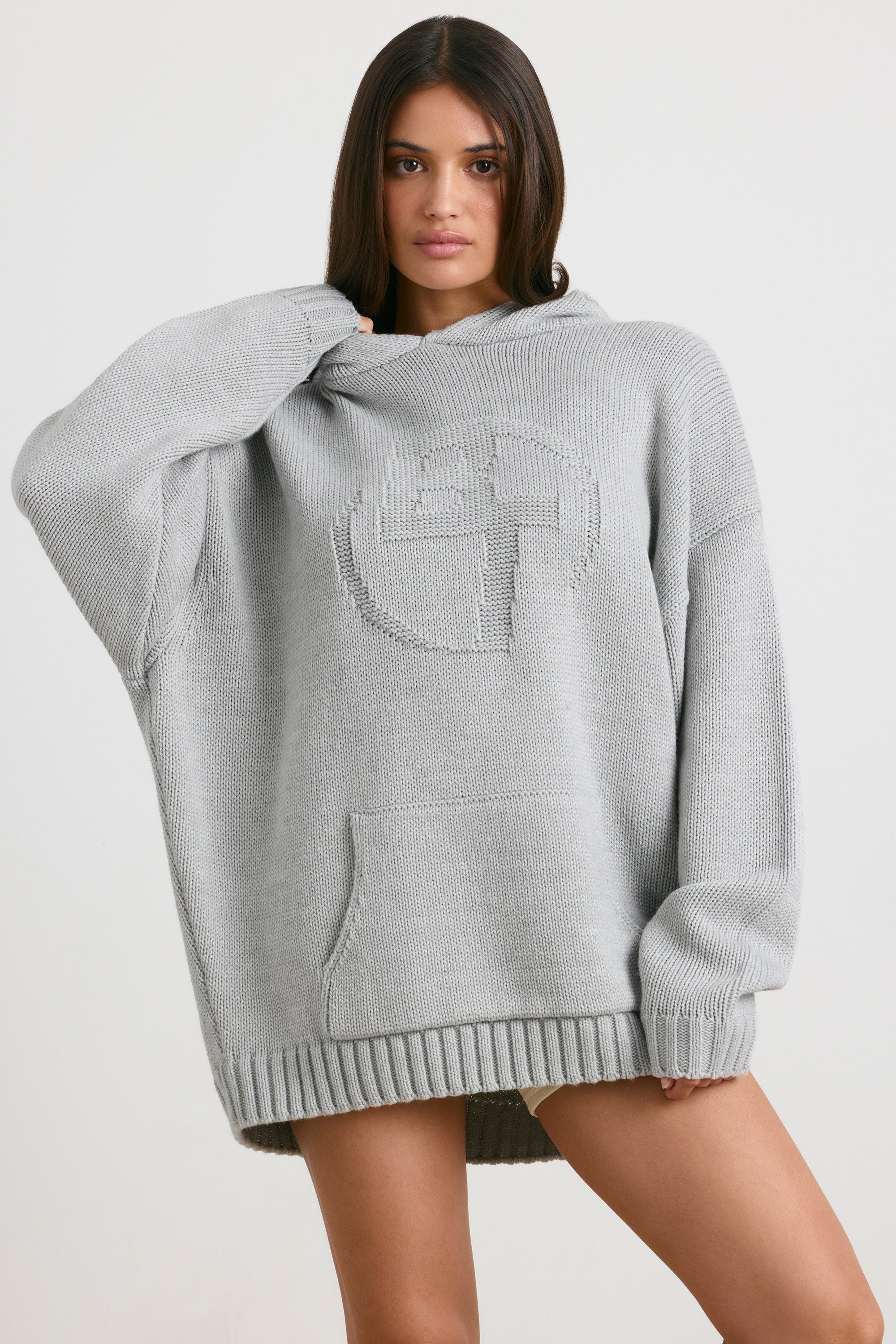 Oversized Chunky Knit Hoodie in Heather Grey、mySite、solidvoid