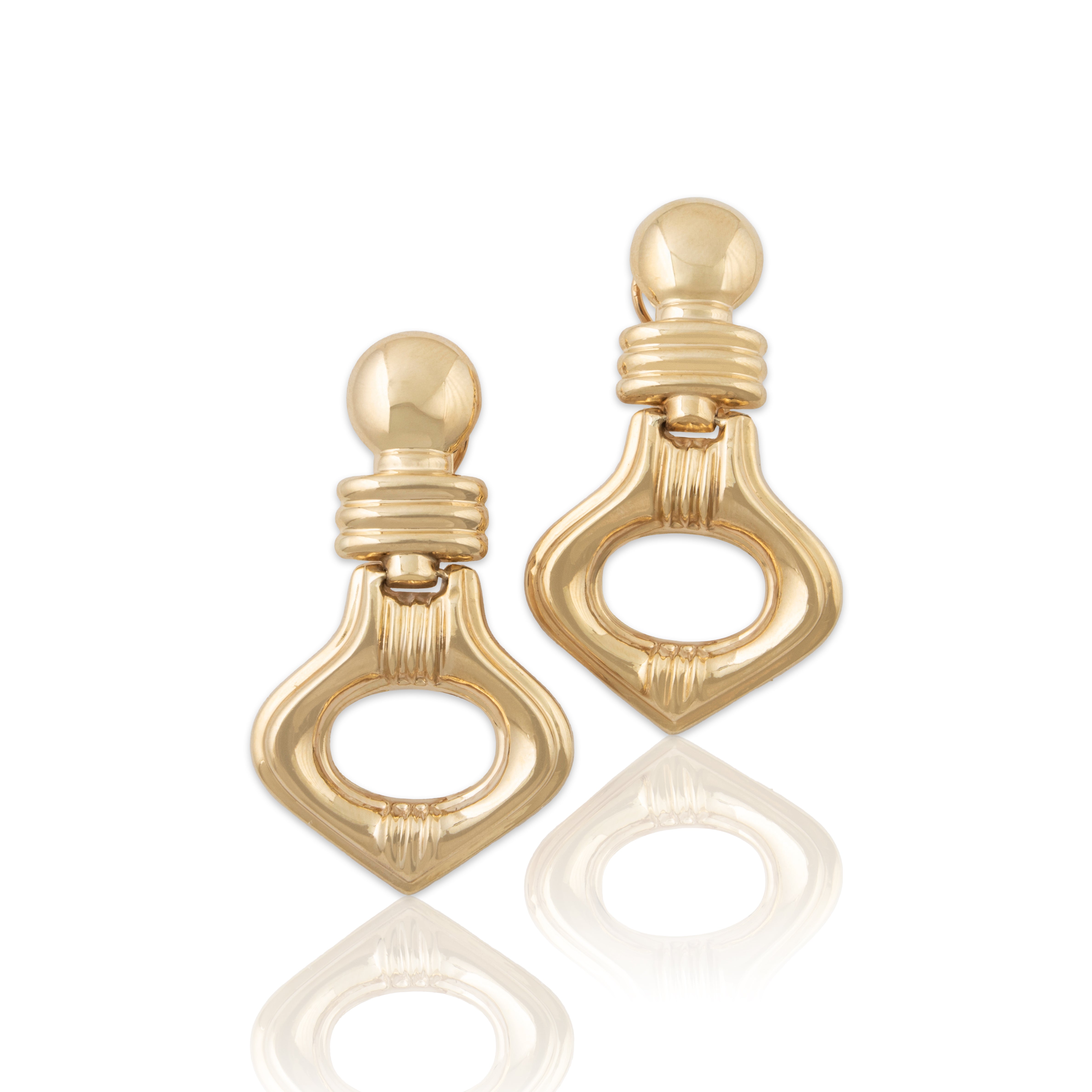 Vintage Oversized 14k Yellow Gold Modernist Dangle Omega Back Earrings、mySite、hinf8tx79