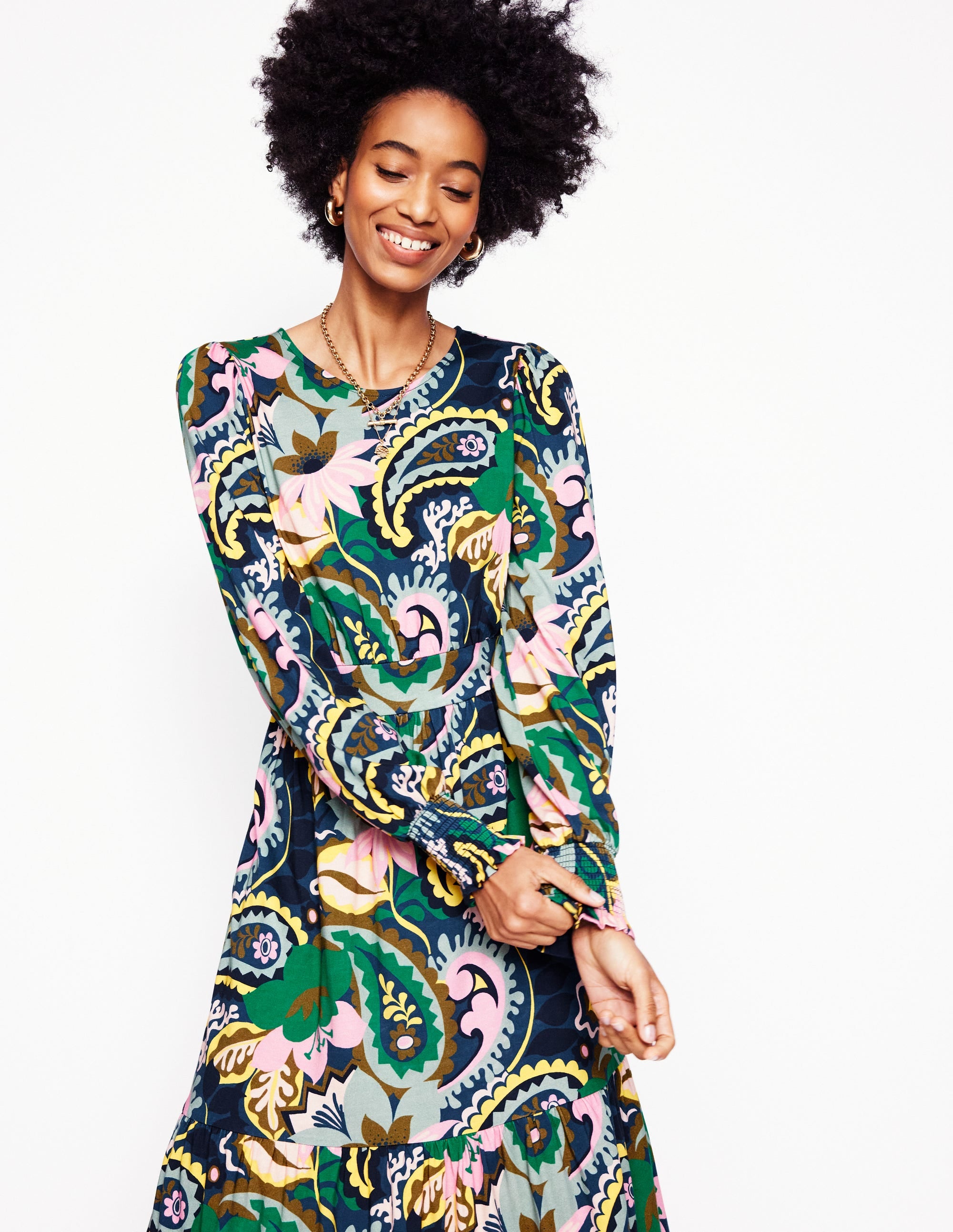  Tabitha Tiered Jersey Dress-Green, Botanical Paisley、mySite、ashleygrahame