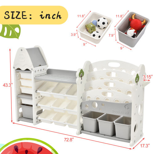 Kids Toy Storage Organizer with 14 Bins, Multi-functional Nursery Organizer Kids Furniture Set Toy Storage Cabinet Unit with HDPE Shelf and Bins for Playroom, Bedroom, Living Room、、casual