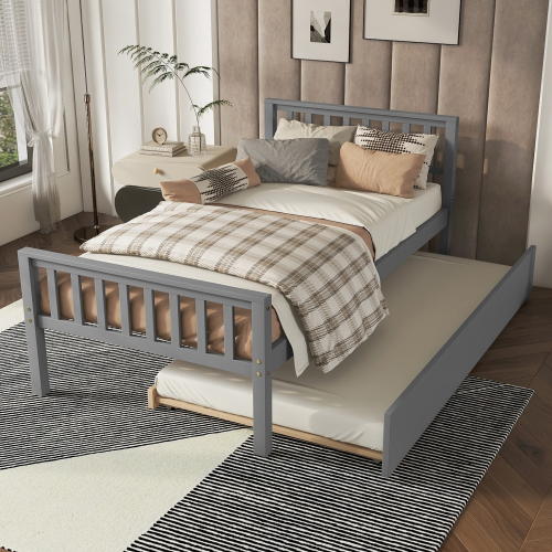 Twin Bed with Trundle, Platform Bed Frame with Headboard and Footboard, for Bedroom Small Living Space,No Box Spring Needed,White(New SKU:W504P148532)、、casual