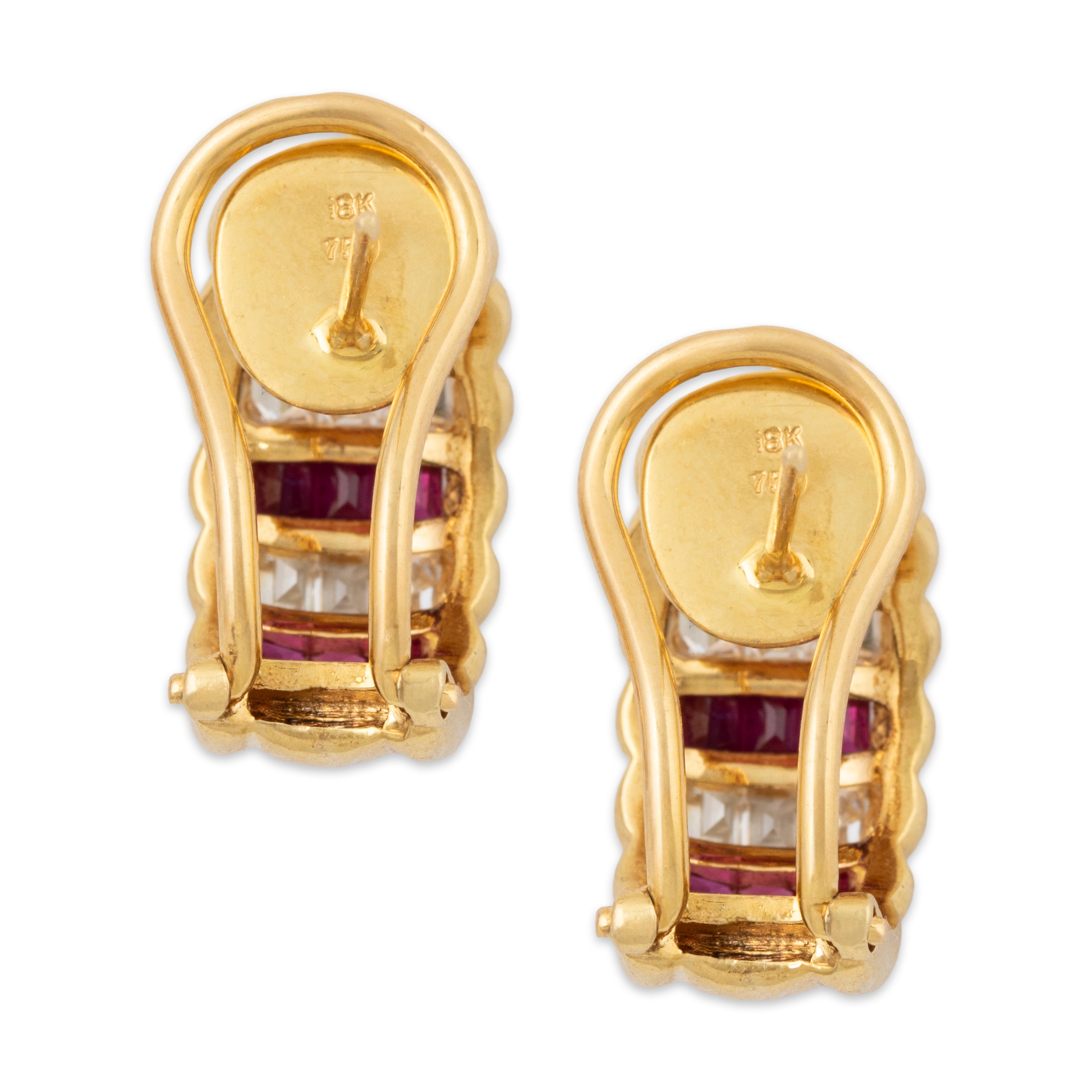 Vintage 18k Yellow Gold 1.08cttw Ruby .9cttw Diamond Omega Back Earrings、mySite、hinf8tx79