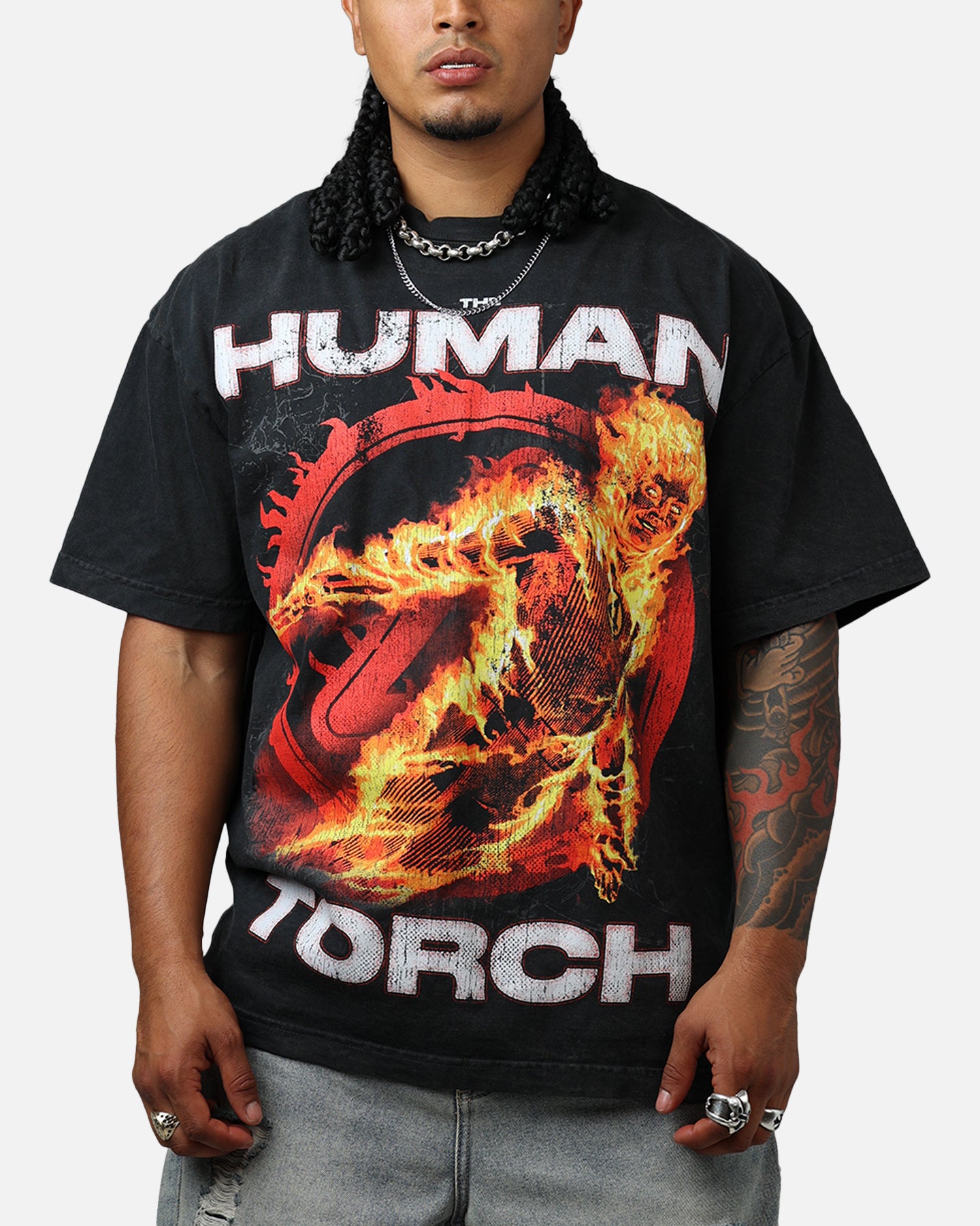 Goat Crew Marvel Fantastic Four Human Torch Fire Vintage T-Shirt Black Acidwash、mySite、zt4zffjzw