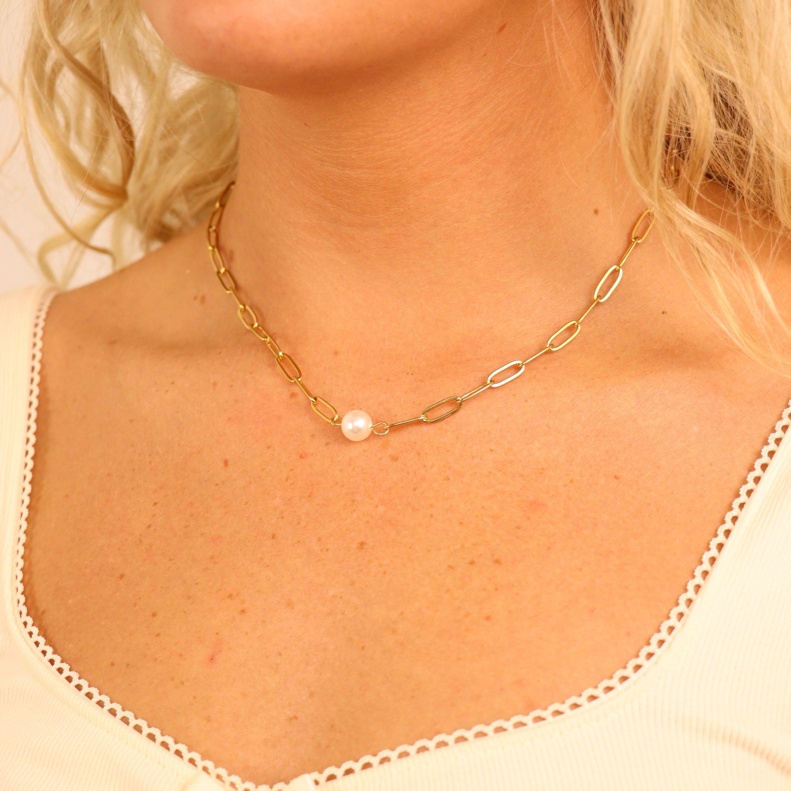 18K Gold PVD Stainless Steel Paperclip Necklace With Pearl / CHN9956、mySite、dreamappss