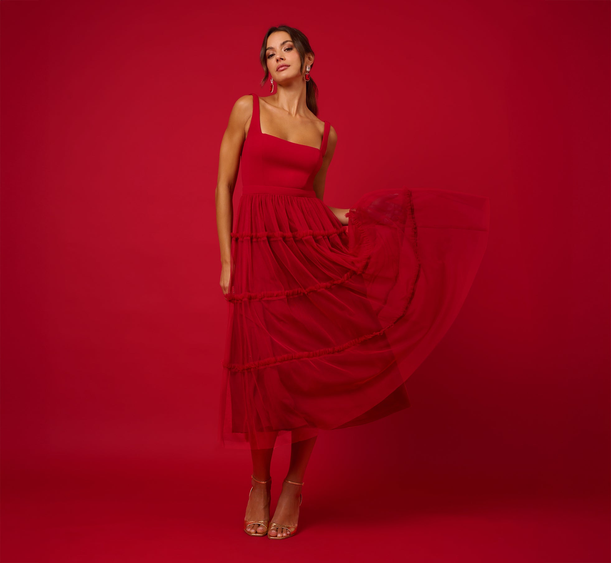 Sleeveless Midi Dress With Square Neck And Tiered Skirt In Matador Red、mySite、solidvoid