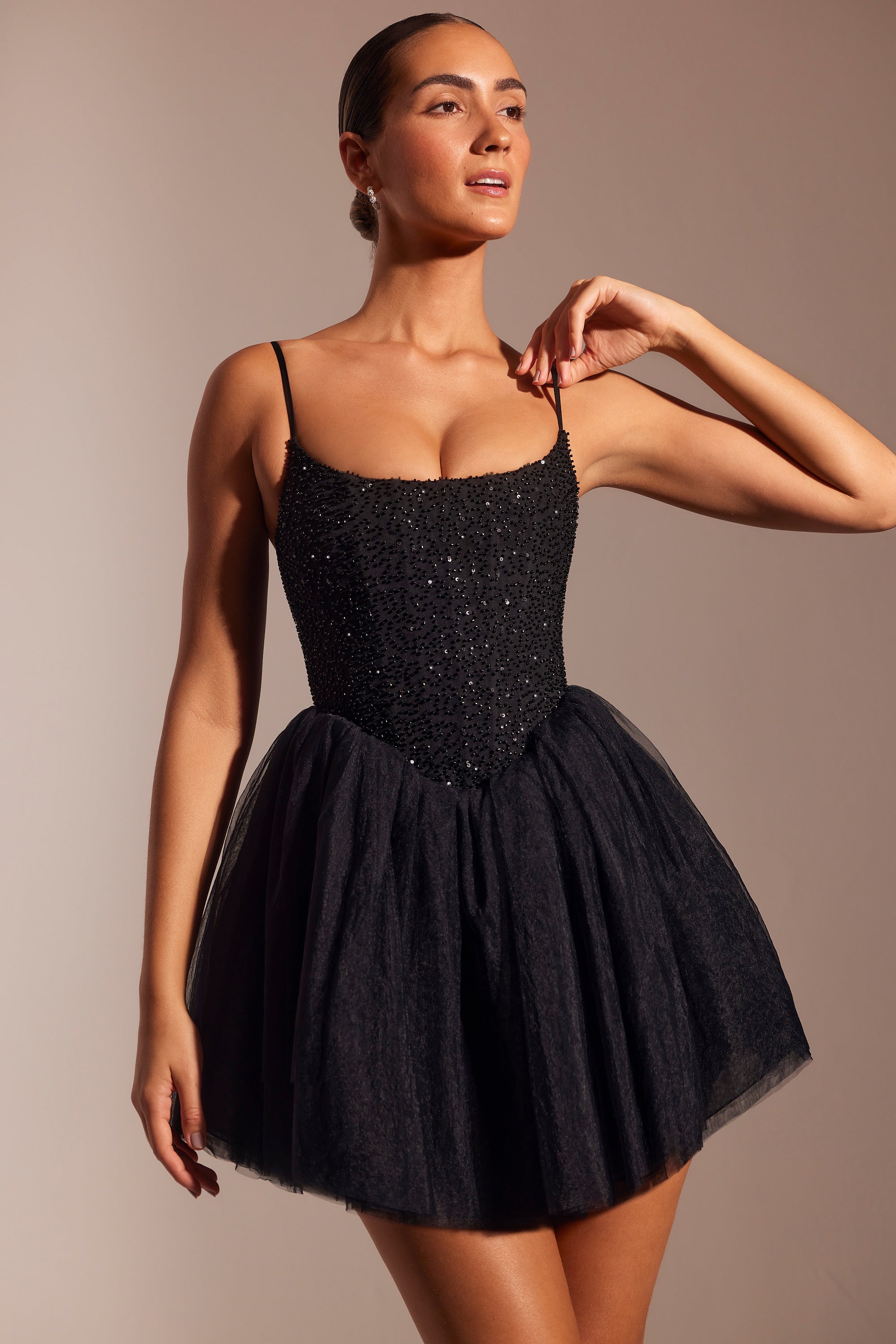 Embellished Corset Tulle Skirt Mini Dress in Black、mySite、solidvoid
