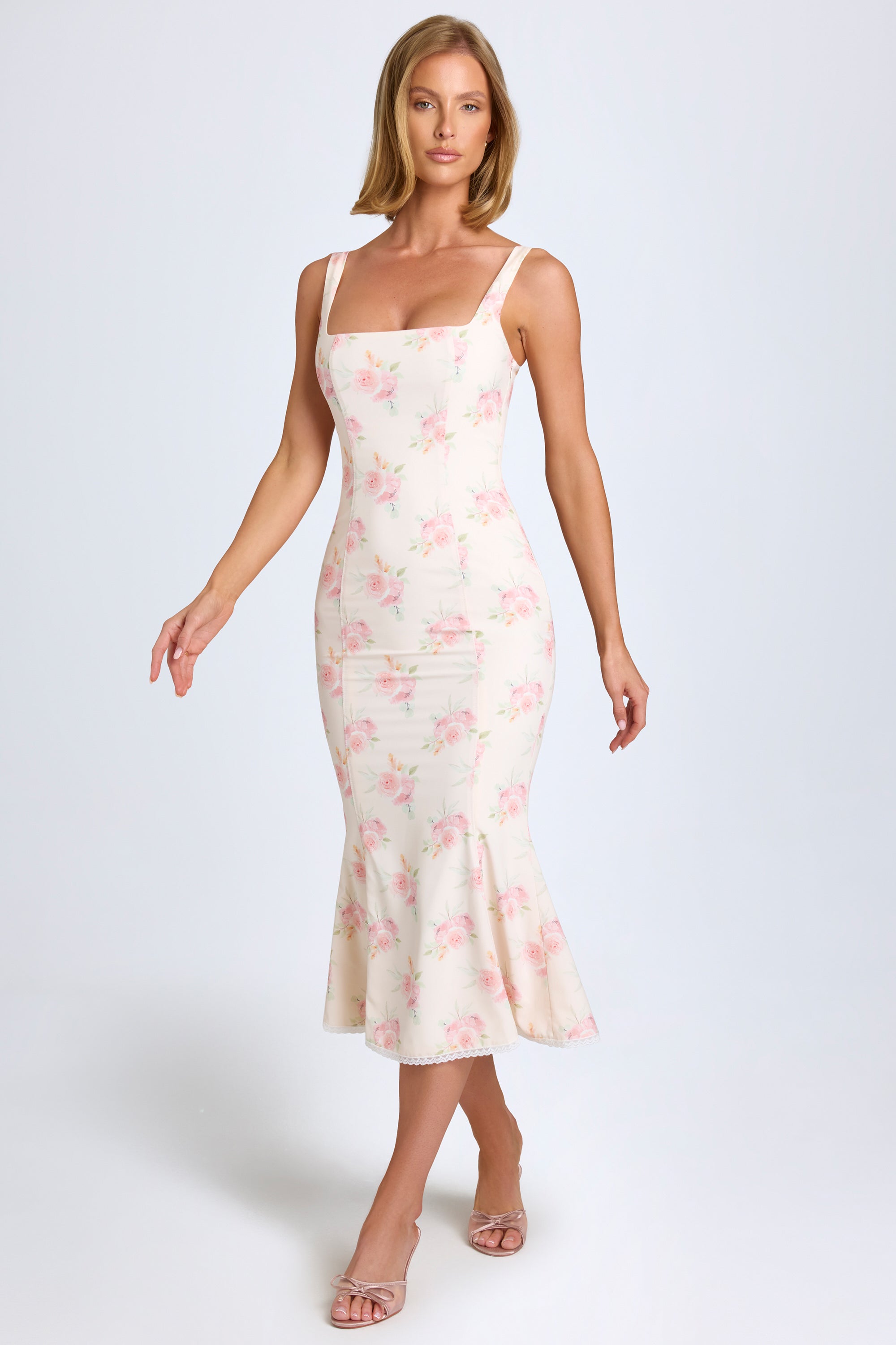 Lace-Trim Midaxi Dress in Large Rose Print、mySite、solidvoid