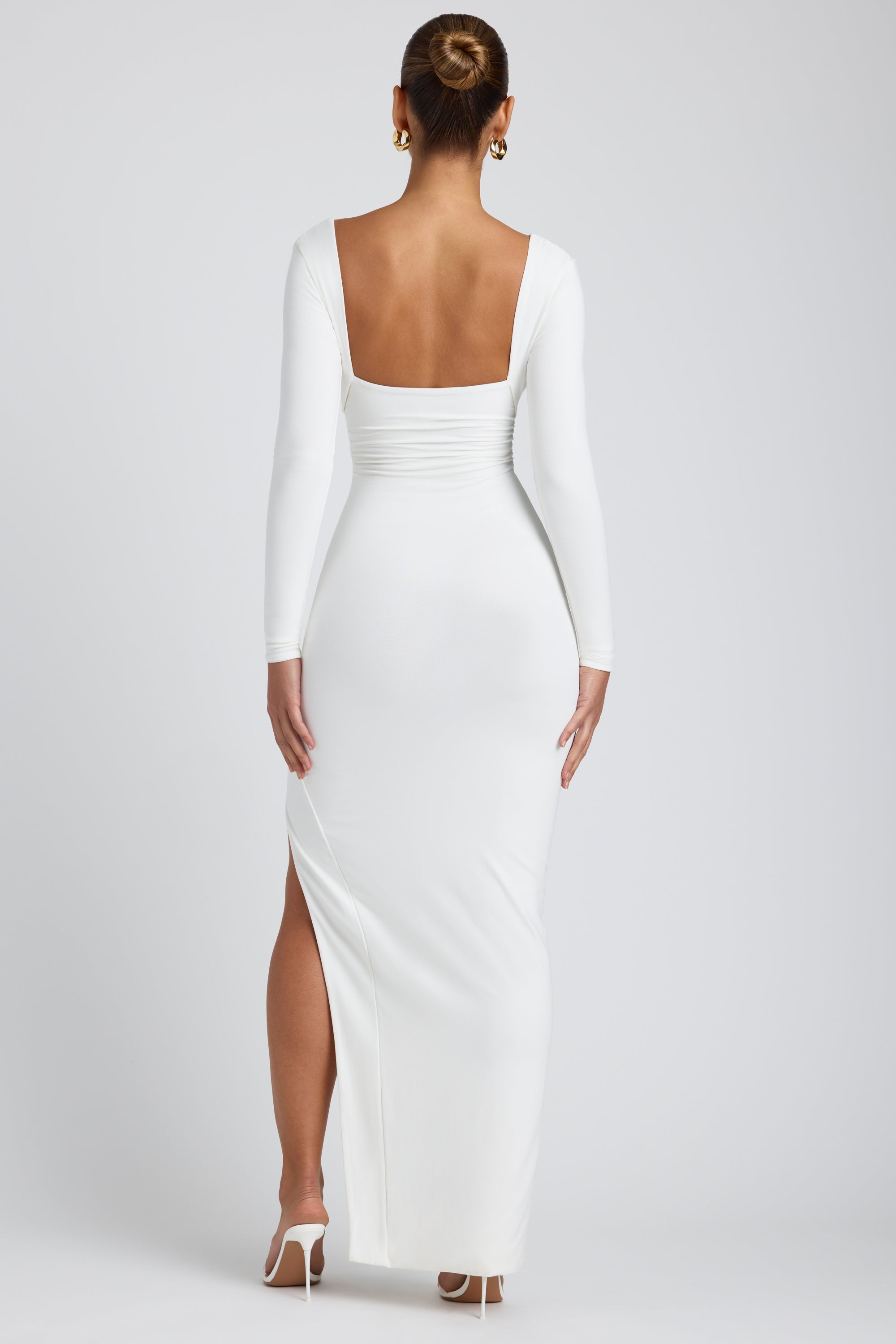 Modal Plunge Neck Long Sleeve Maxi Dress in White、mySite、solidvoid