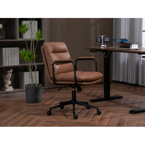 Office Chair,Mid Back Home Office Desk Task Chair with Wheels and Arms Ergonomic PU Leather Computer Rolling Swivel Chair with Padded Armrest,The back of the chair can recline 40° (Brown)、、casual