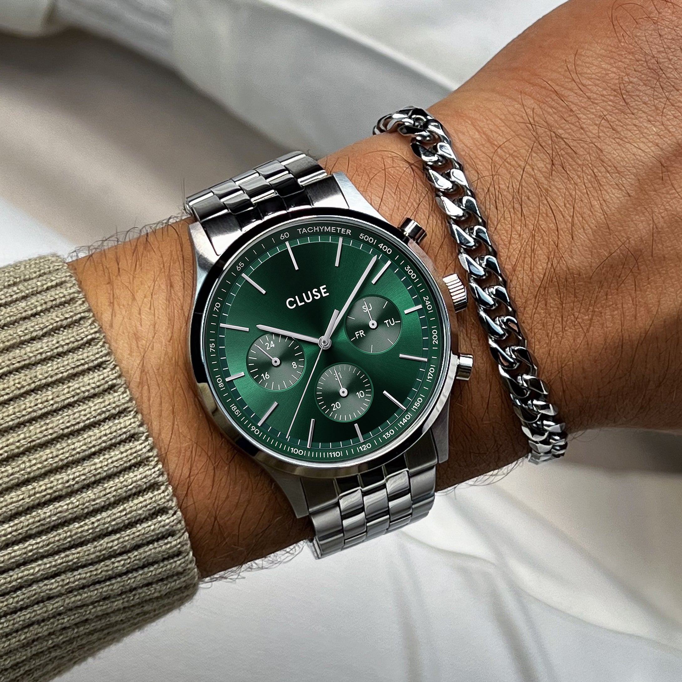 Gift Box Anthéor Multifunction Watch Steel, Green & Cuban Chain Bracelet, Silver Colour、mySite、botmansion