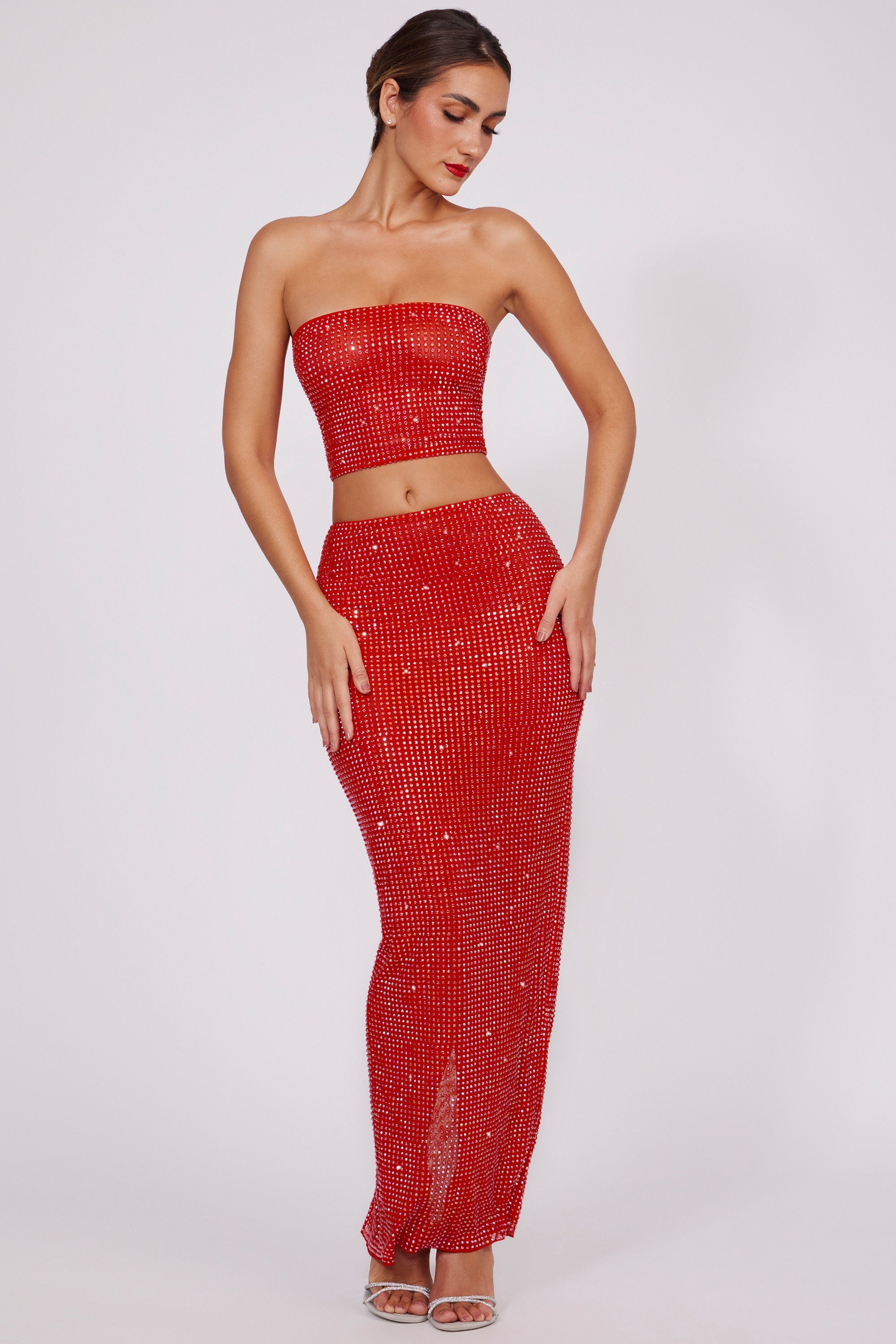 Embellished Mid Rise Maxi Skirt in Fire Red、mySite、solidvoid