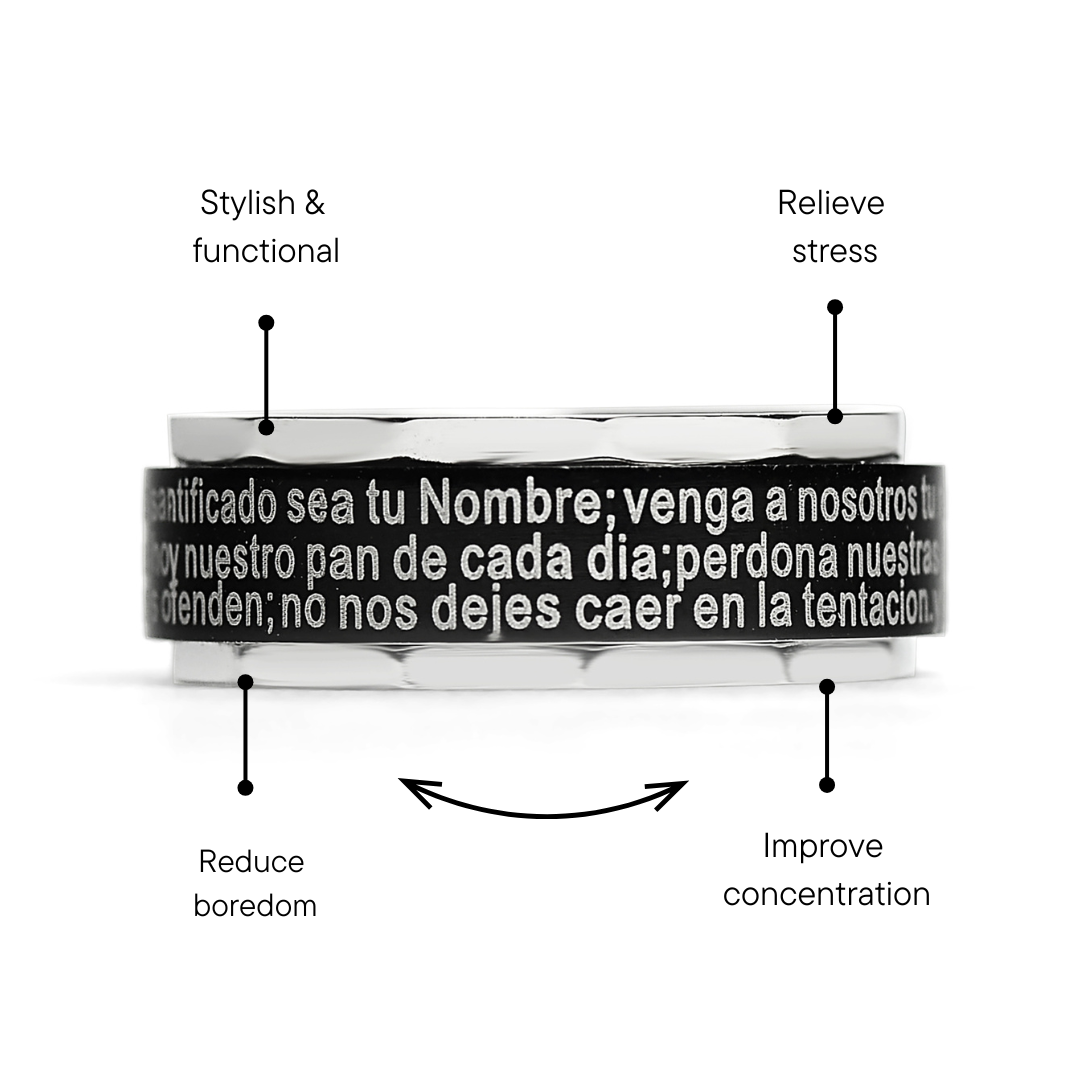 Black Stainless Steel Spanish Lord's Prayer Center Spinner Ring / SRJ1009、mySite、dreamappss