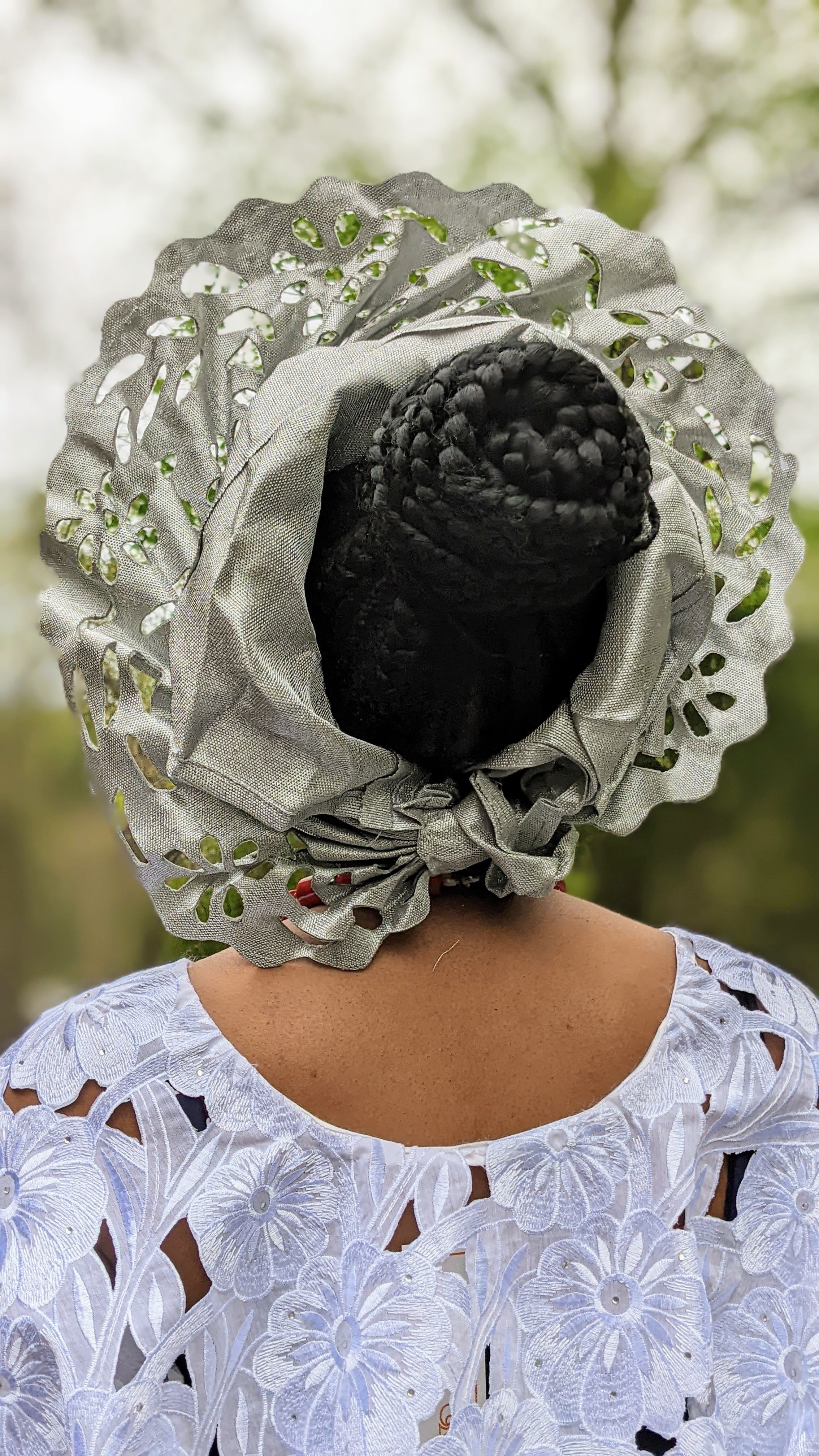 Pre-tied Olayemi Silver African Lazercut Aso oke Autogele Head Wrap with Decorative Hole Patterns-DPASHP03、mySite、solidvoid