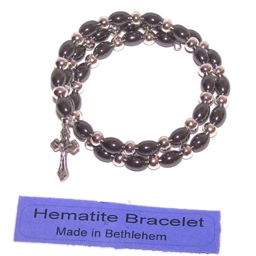  Expandable wired Hematite religious bracelet with Silver tone Crucifix and silver metal beads、mySite、elrpsem3k