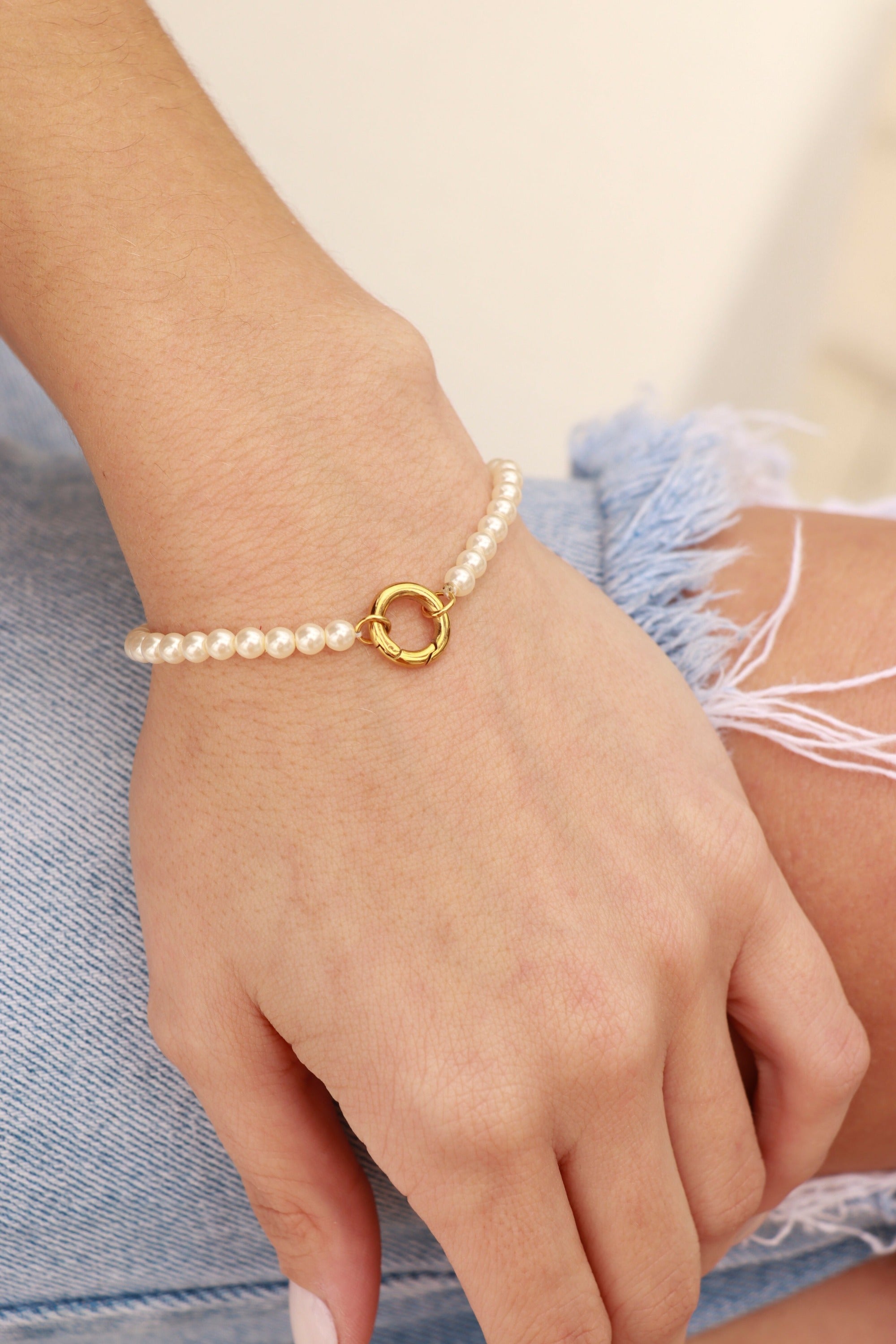 18K Gold PVD Stainless Steel Glass Pearl Charm Keeper Bracelet / SBB0337、mySite、dreamappss