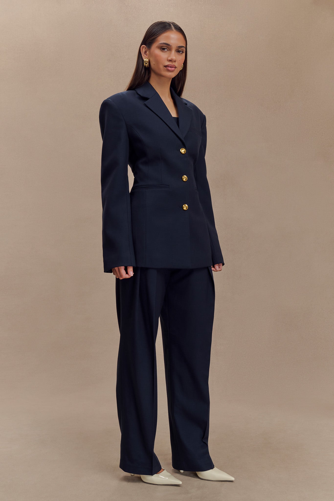 Penelope Pleated High Waisted Pants - Dark Navy、mySite、solidvoid