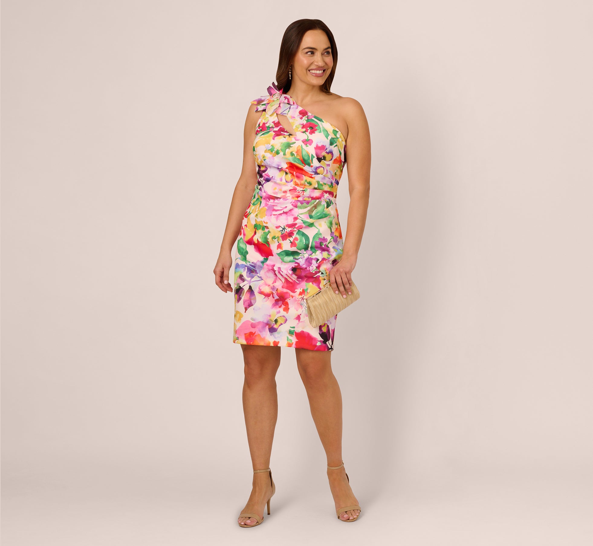 Plus Size One Shoulder Rosette Floral Sheath Dress In Pink Multi、mySite、solidvoid