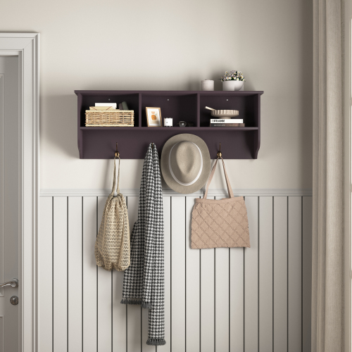 White Entryway Wall Mounted Coat Rack with 4 Dual Hooks Living Room Wooden Storage Shelf、、casual