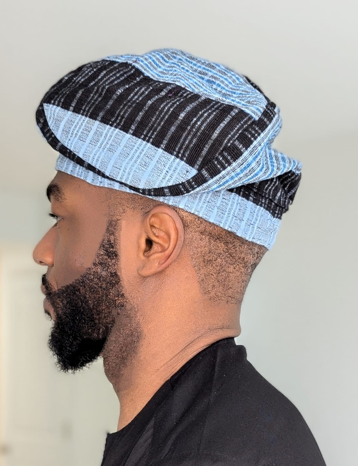 Dupsie's Alabere Light-Blue and Dark-Blue Striped African Aso Oke Fila Cap Kufi Hat DPAHLDB3、mySite、solidvoid