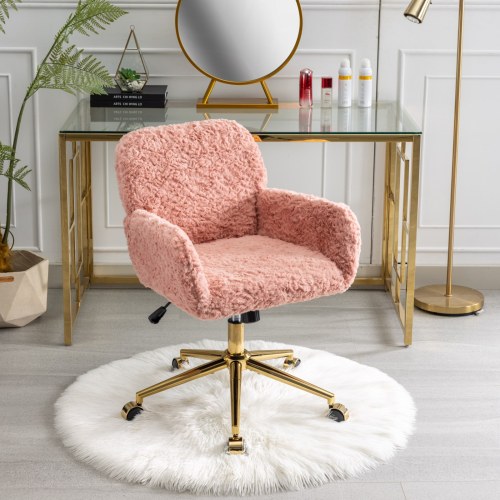 A&A Furniture Office Chair,Artificial rabbit hair Home Office Chair with Golden Metal Base,Adjustable Desk Chair Swivel Office Chair,Vanity Chair(Orange)、、casual