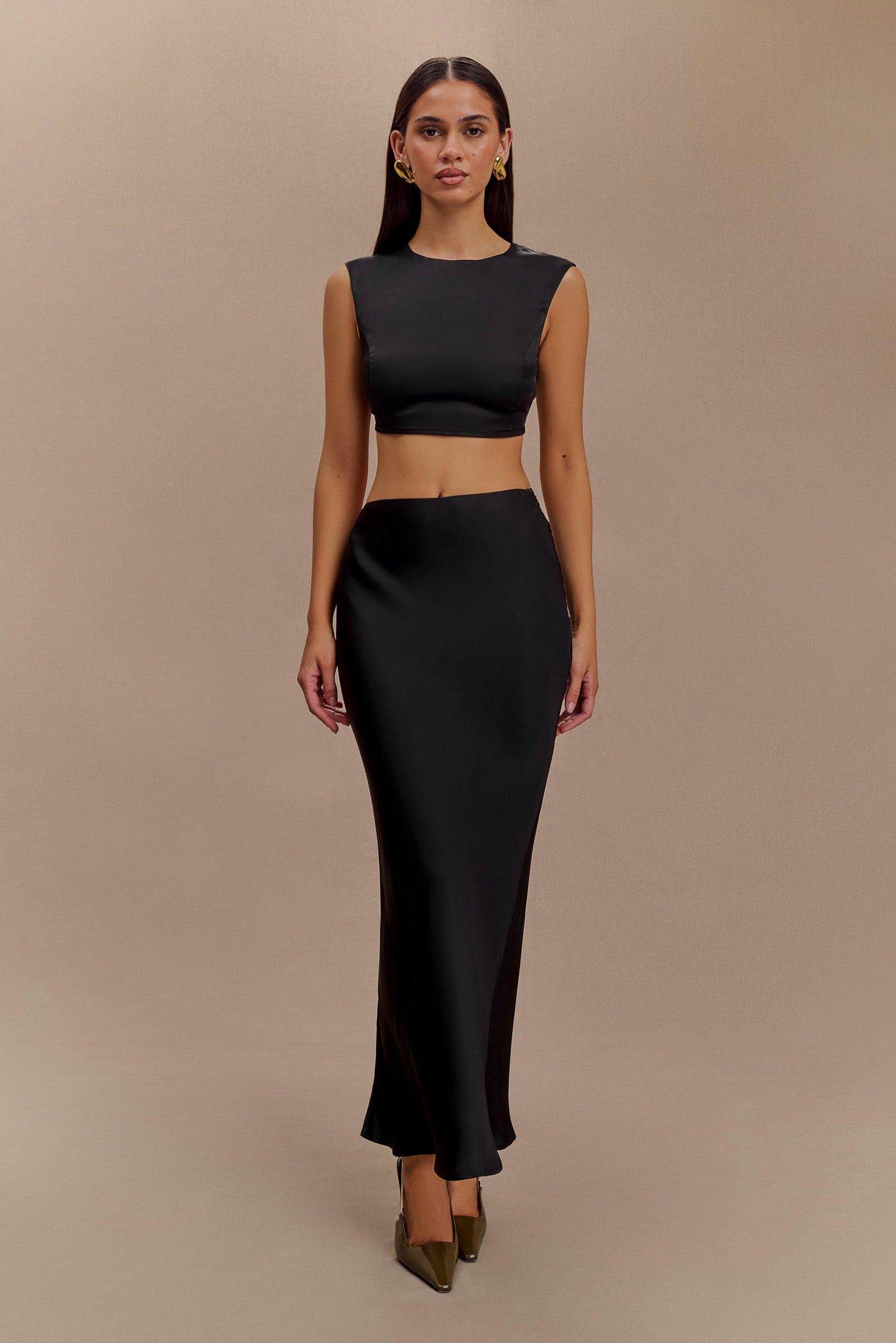 Viviana Satin Sleeveless Crop Top - Black、mySite、solidvoid