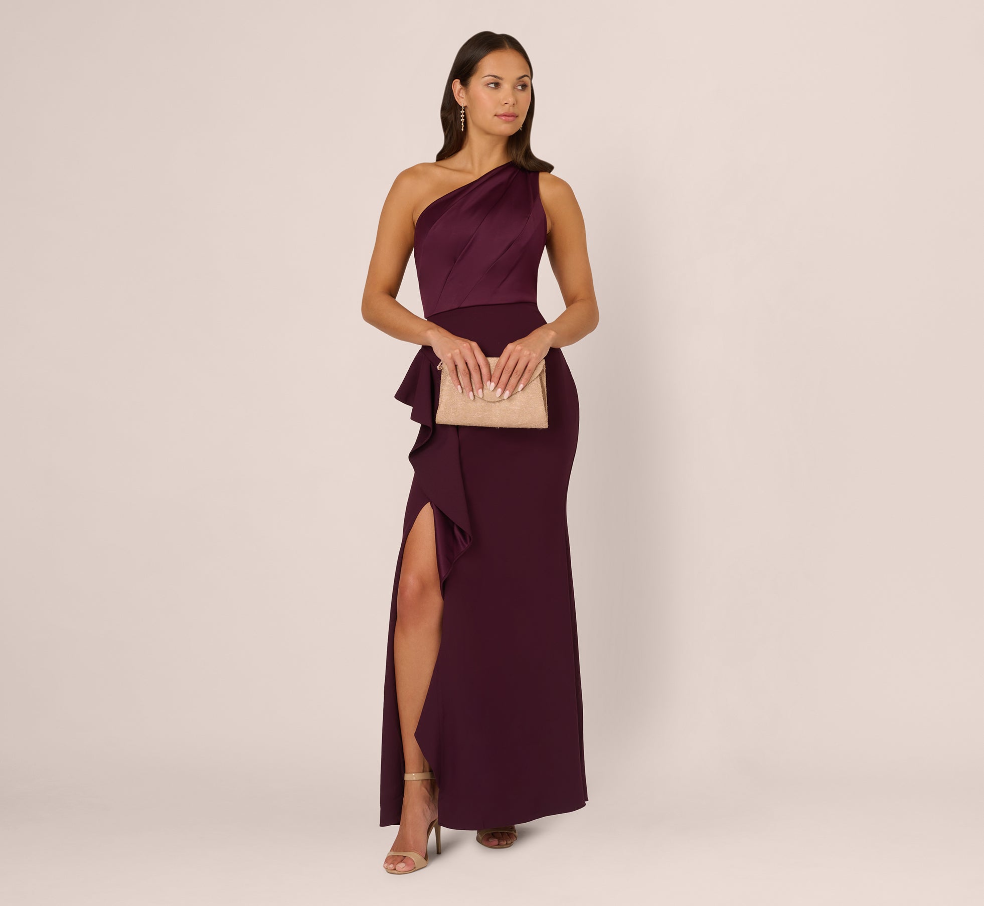 One-Shoulder Long Satin Crepe Mermaid Gown In Bordeaux Glow、mySite、solidvoid