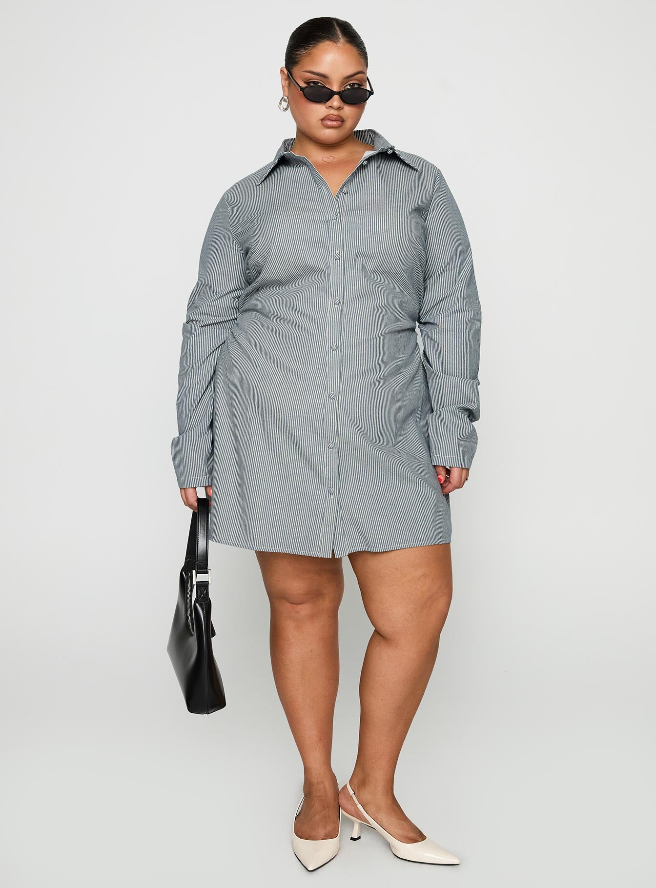 Publicity Long Sleeve Mini Dress Blue Pinstripe Curve、mySite、solidvoid