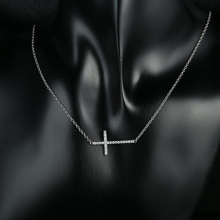 Sideways Cross Necklace with CZ Sterling Silver White, Yellow or Rose Gold Plated、mySite、g9winljtr