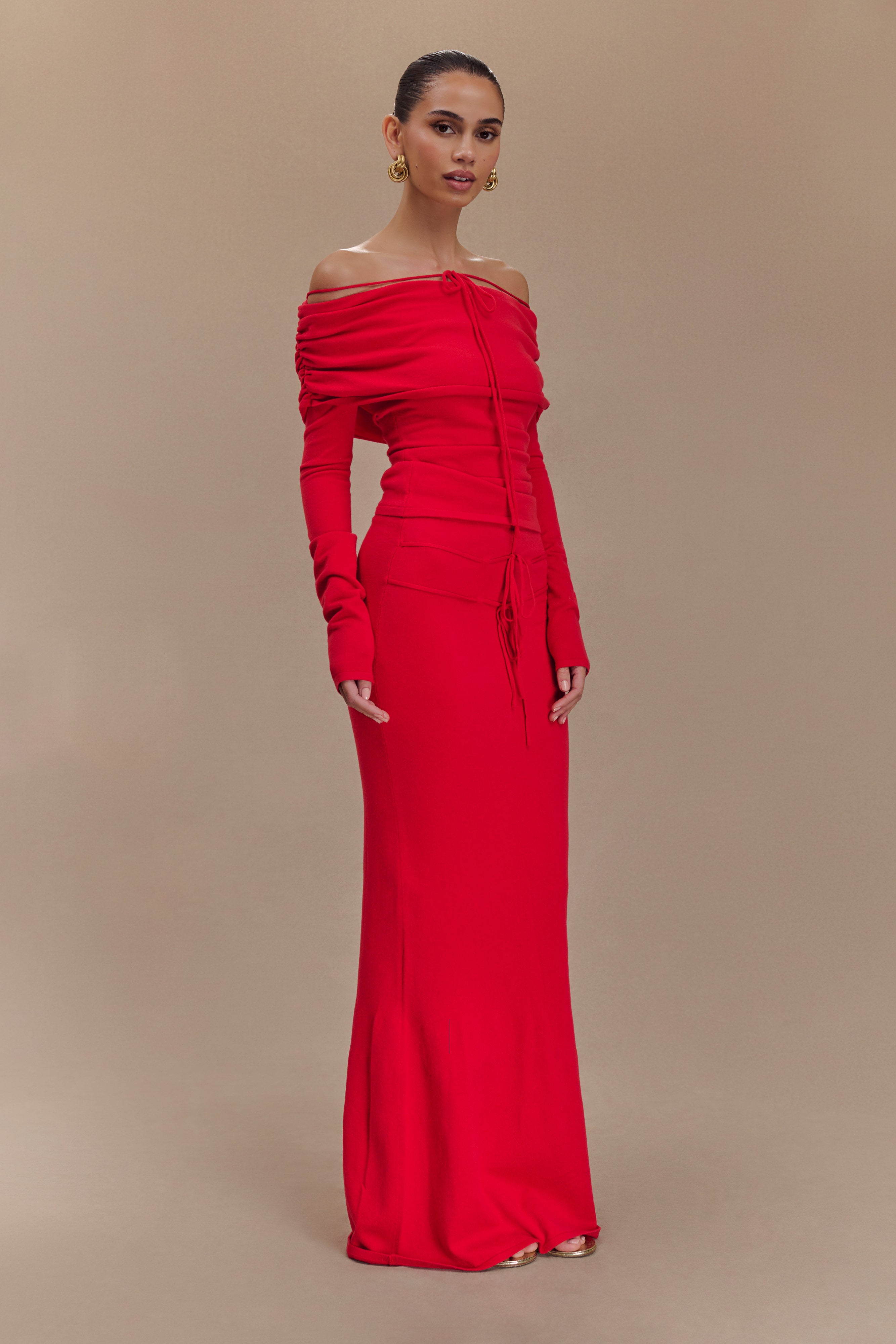 Polly Off Shoulder Long Sleeve Knit Top - Red、mySite、solidvoid