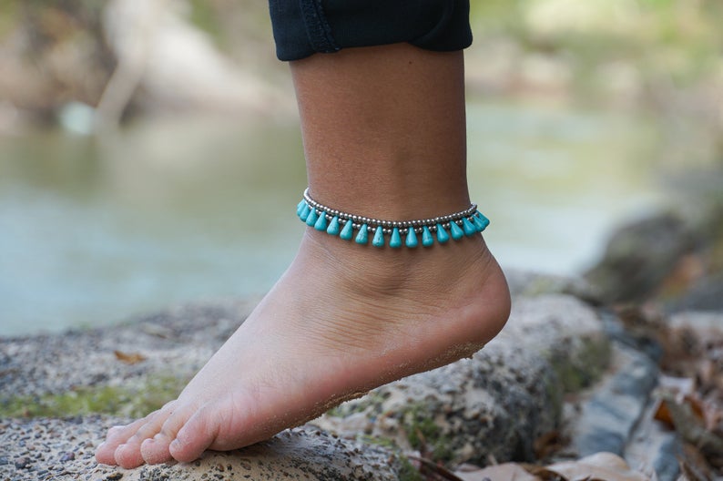 Turquoise Teardrop Bead Boho Silver Anklet、mySite、camillekostekn