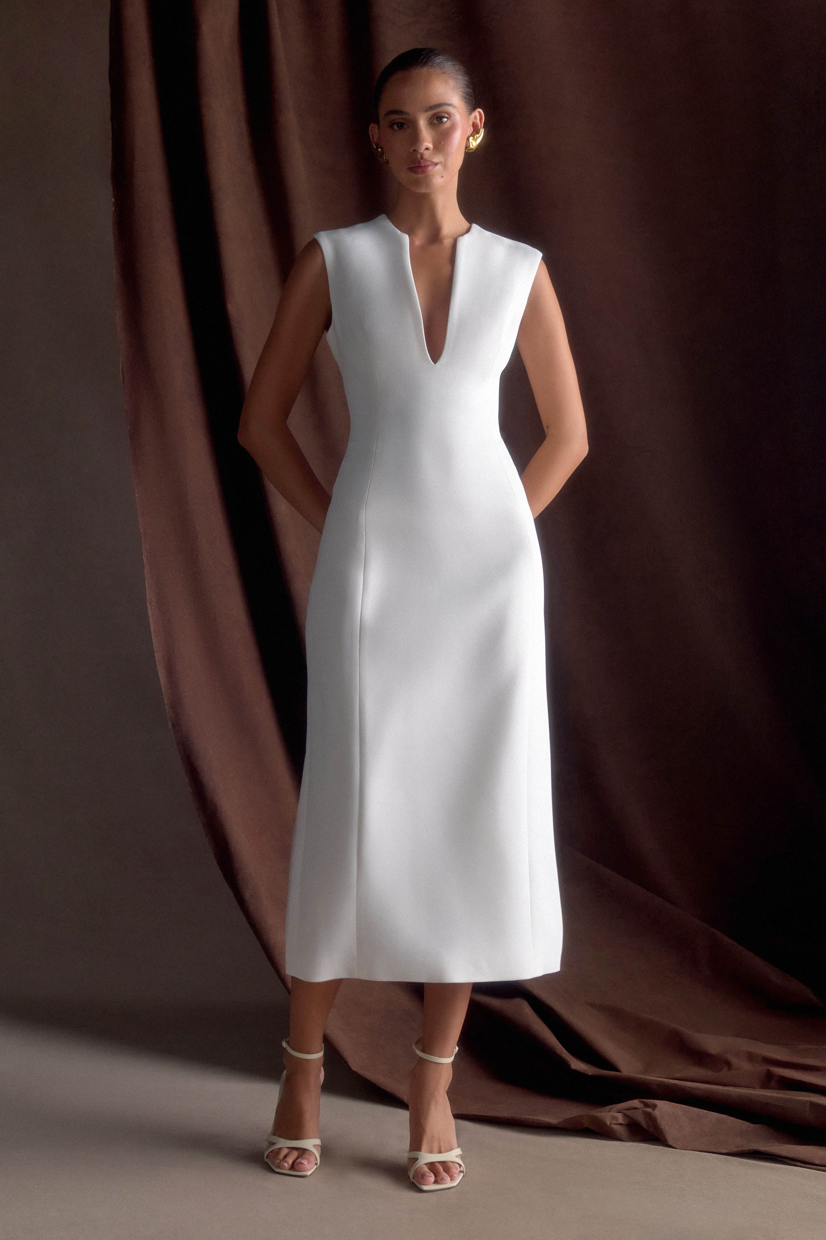 Audrine Suiting Sleeveless Midi Dress - Ivory、mySite、solidvoid