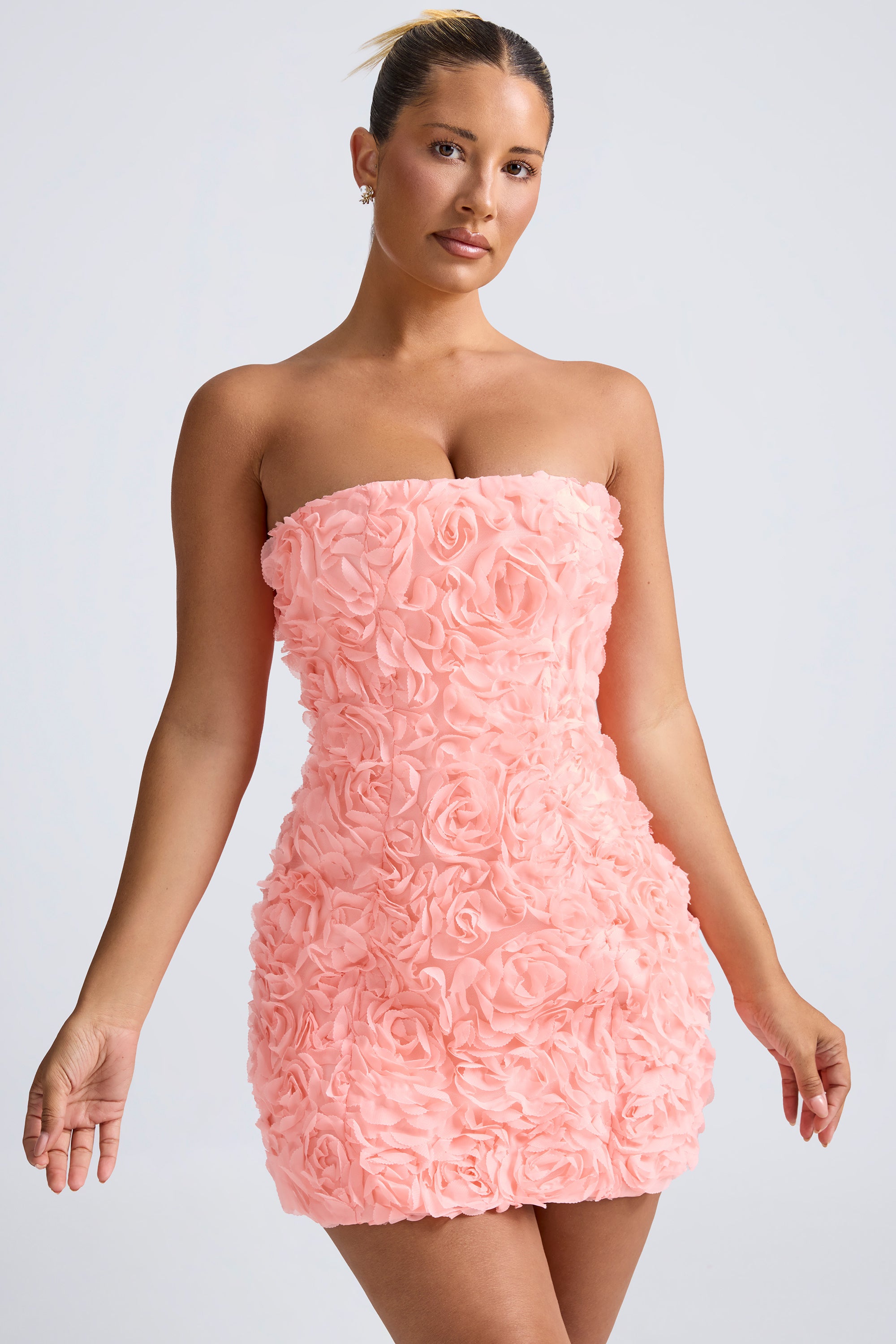 Floral-Appliqué Bandeau A-Line Mini Dress in Coral、mySite、solidvoid