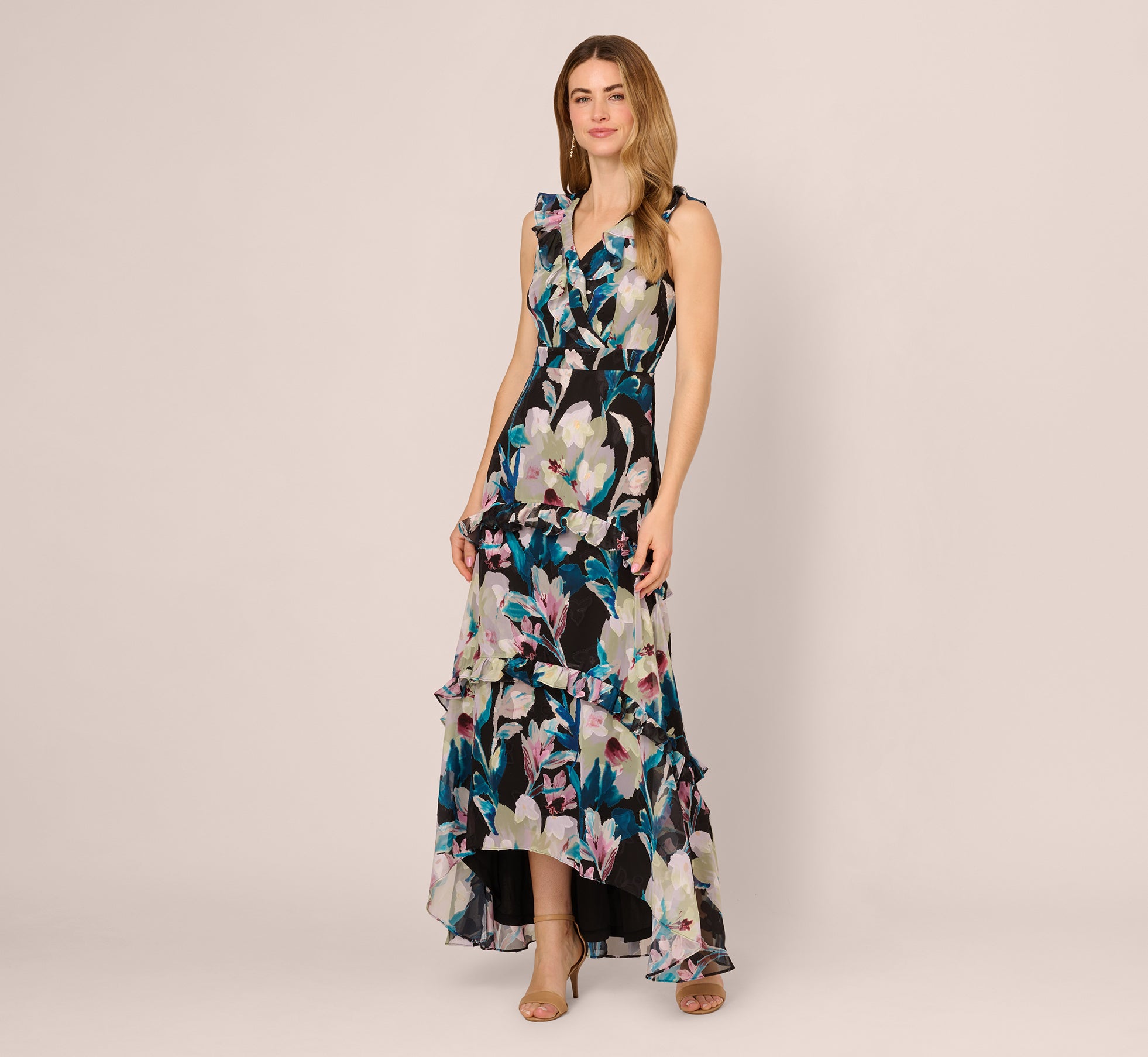 Sleeveless Floral Chiffon High Low Ruffle Gown In Black Multi、mySite、solidvoid