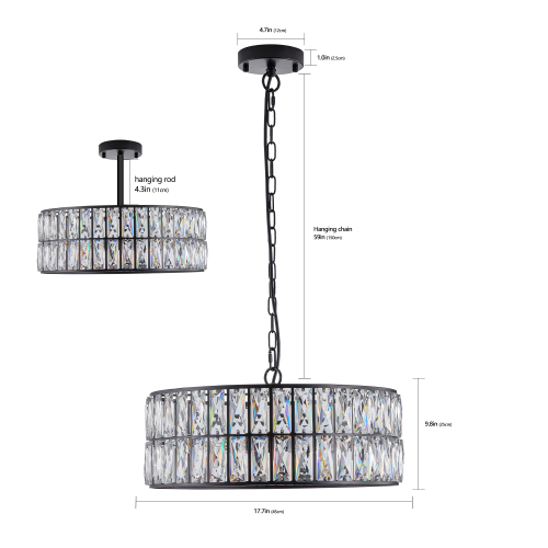 18" Black Modern Crystal Drum Chandelier, 6-Light Pendant Lighting Fixture with Metal Frame for Living Room, Dining Room, and Bedroom (Bulbs Not Included)、、eastwooduniform