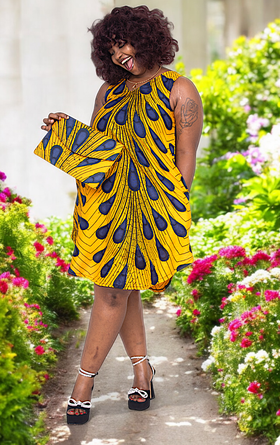 Dupsie's Blue and Orange Ajere Peacock African Print Dress DP3816D9、mySite、solidvoid