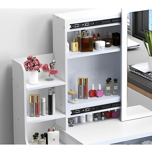 Fashion Vanity Desk with Mirror and Lights for Makeup and Chair, Vanity Mirror with Lights and Table Set with 3 Color Lighting Brightness Adjustable, 4 Drawers, White Color、、casual