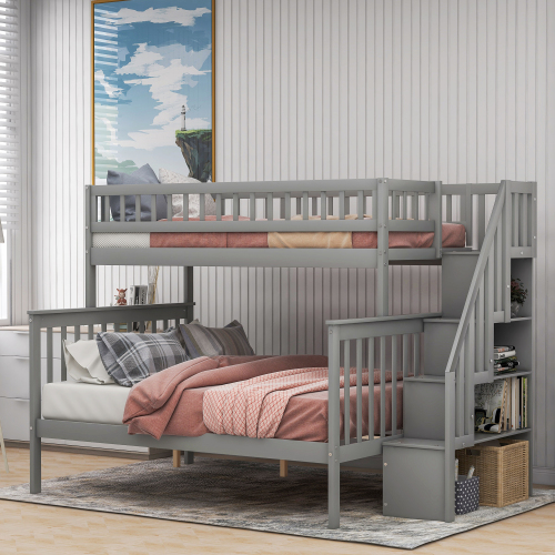 Twin over Full Stairway Bunk Bed with Storage, Gray、、casual