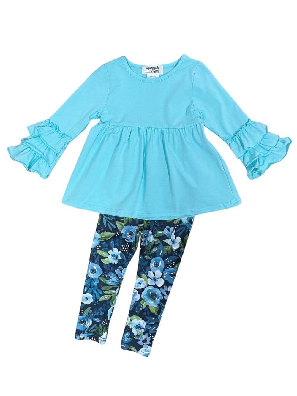 Winter Floral Light Blue Ruffle Sleeve Top & Leggings Outfit、mySite、camillekostekn